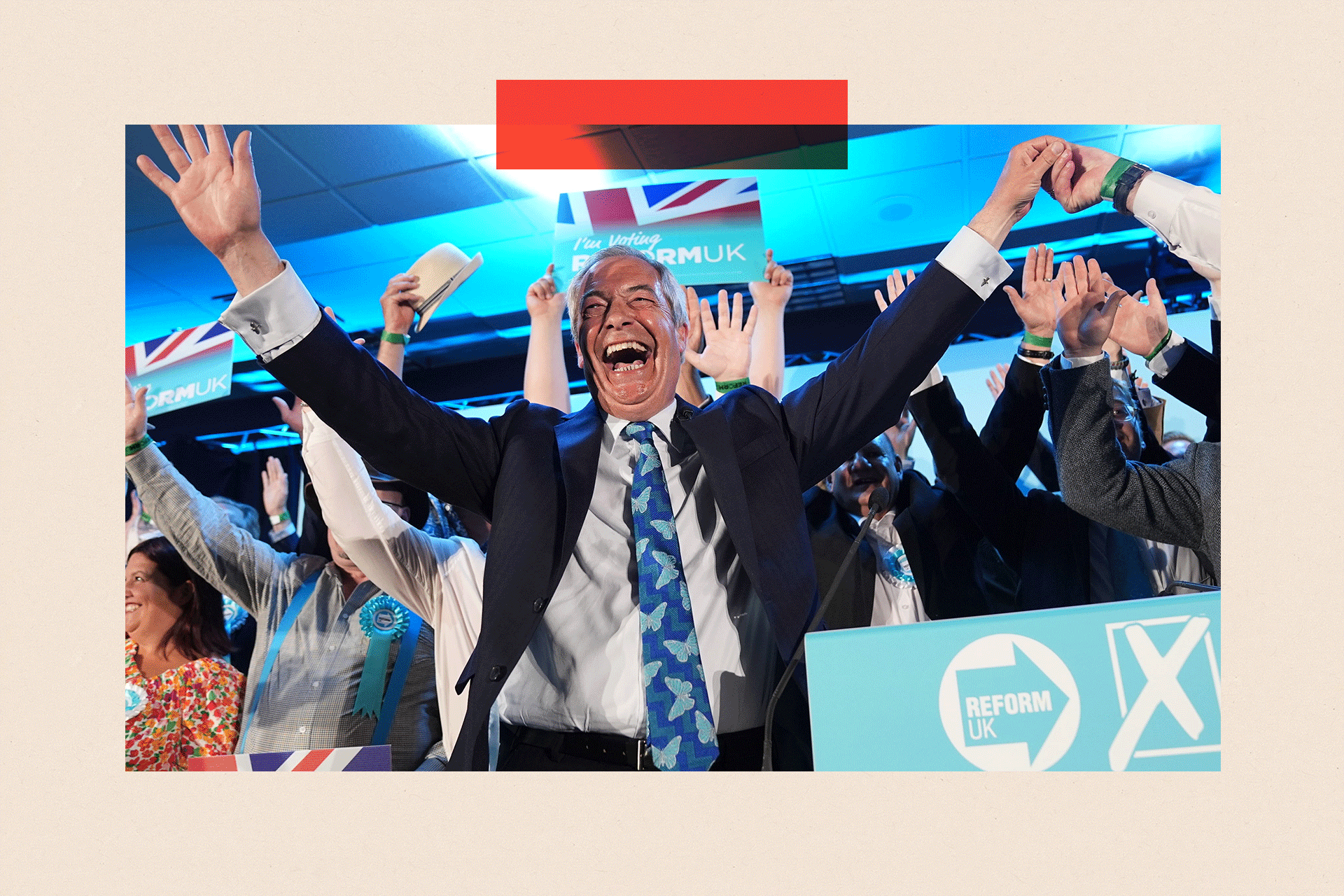 Reform UK party leader Nigel Farage with his party's candidates onstage