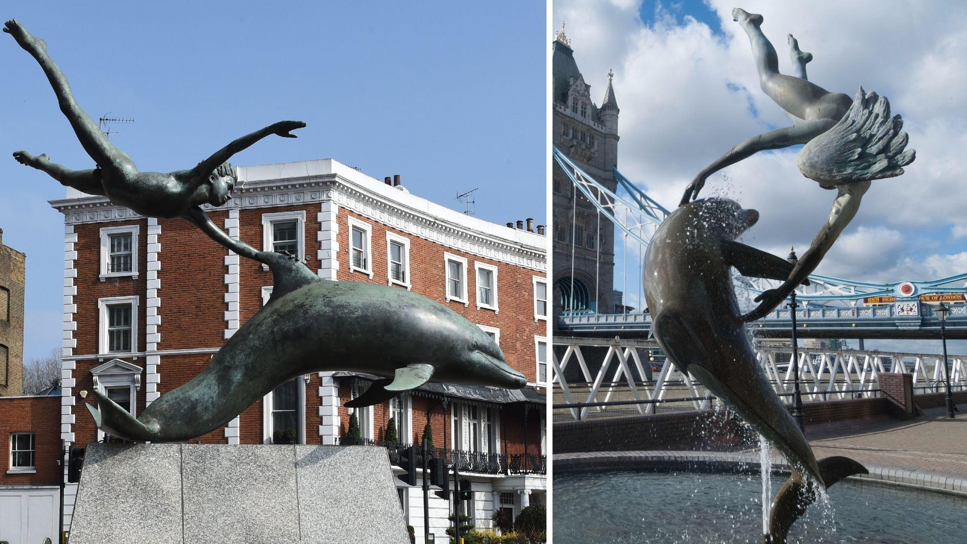 Composite image showing two large metal sculptures, one of a boy holding on to a dolphin's dorsal fin and a girl with a dolphin