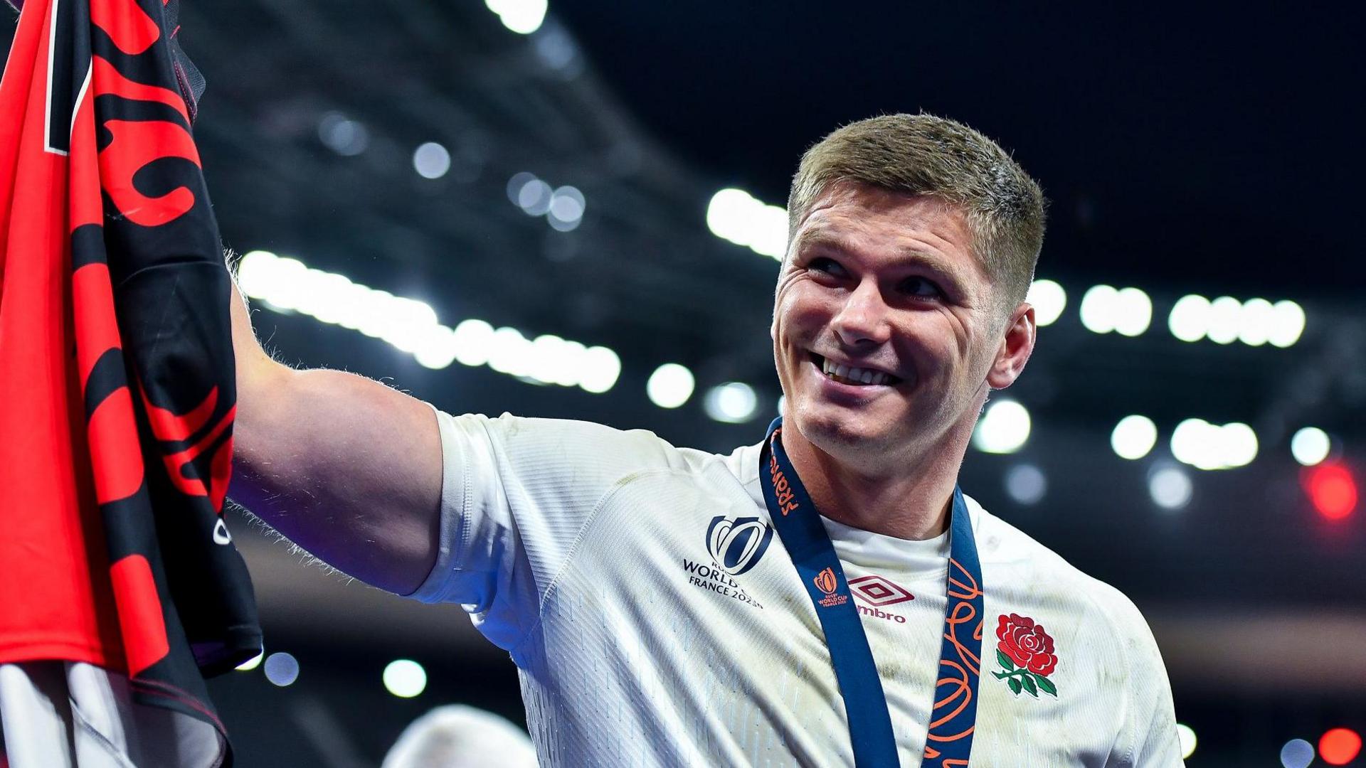 Owen Farrell after his last England cap, wearing a World Cup third-place medal around his neck