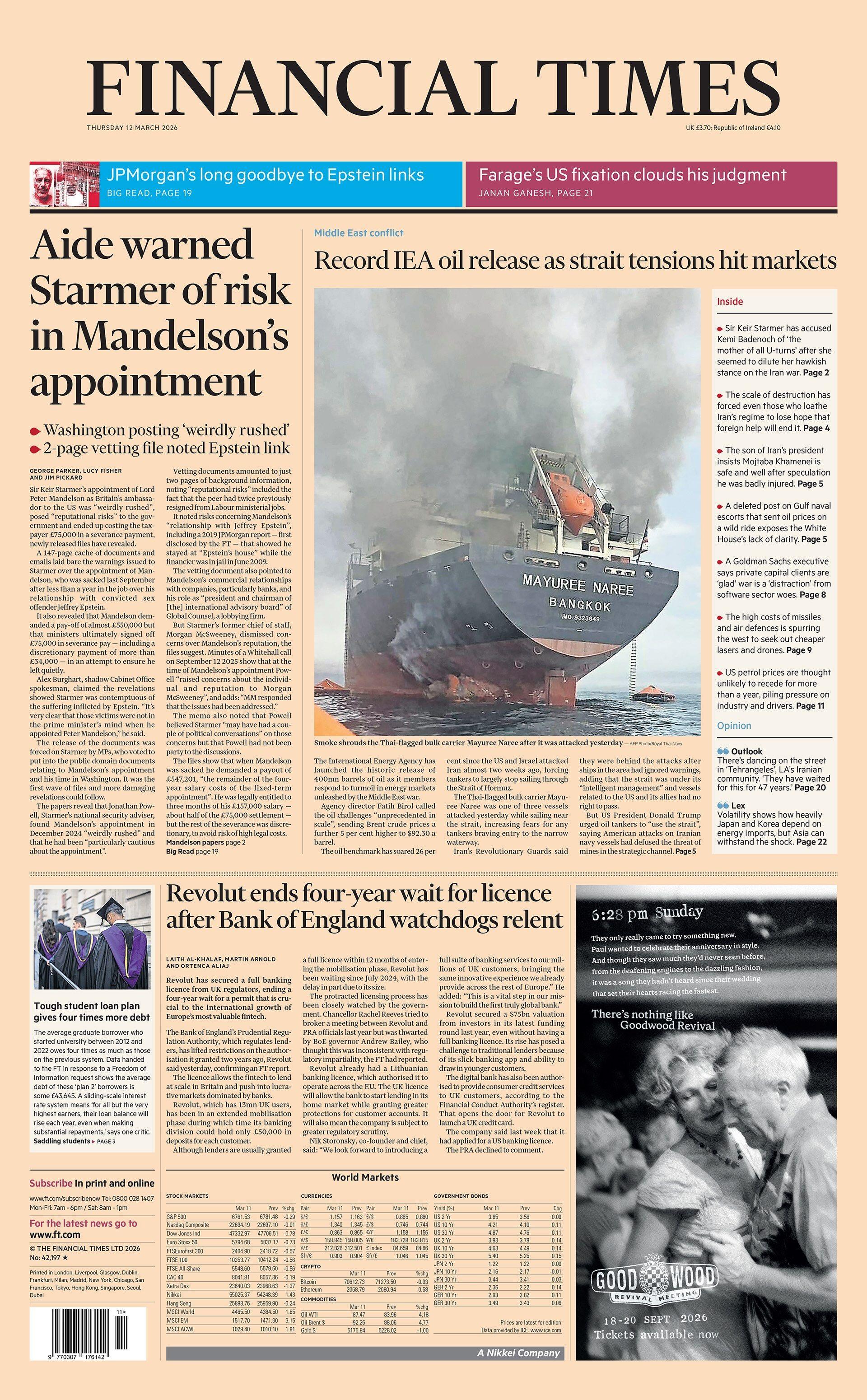 "Ndihmësi e paralajmëroi Starmerin për rrezikun në emërimin e Mandelsonit", thuhet në titullin kryesor në faqen e parë të Financial Times.