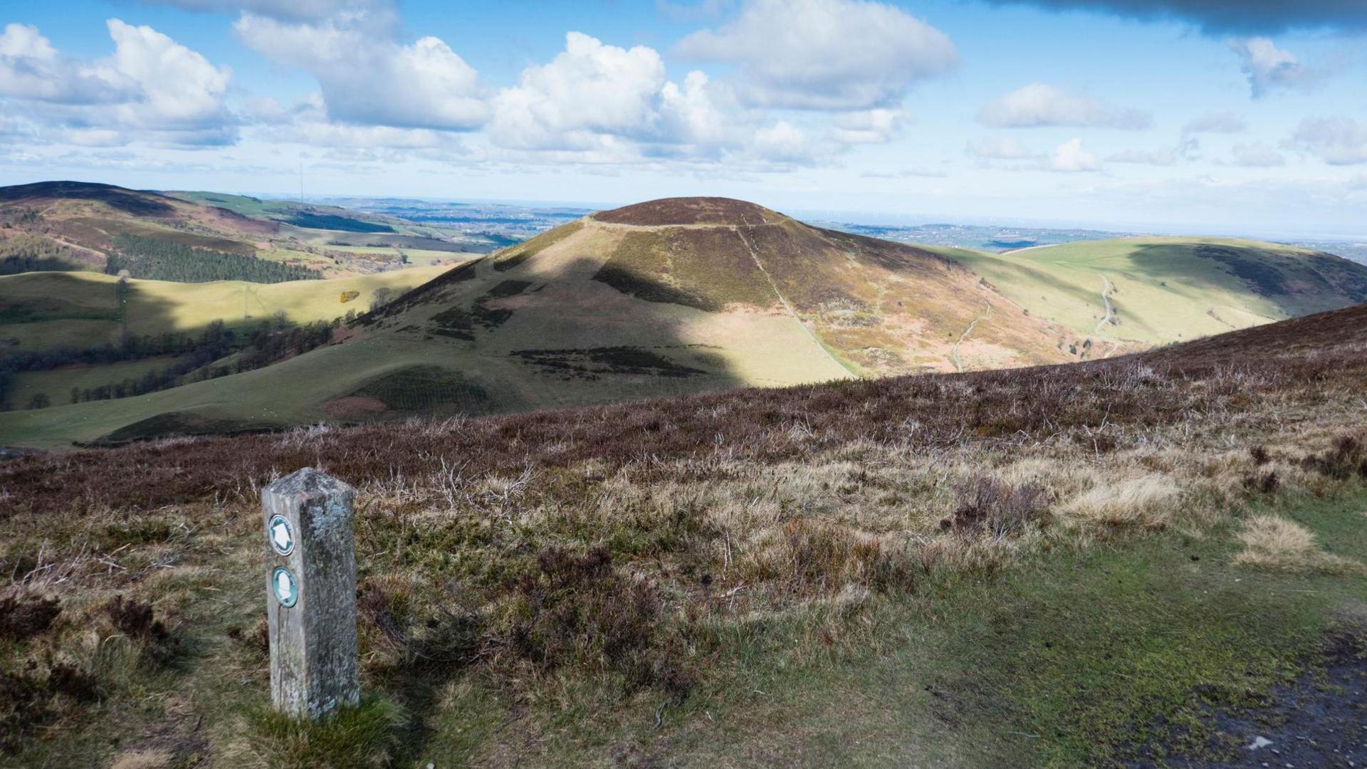 Moel Arthur Iron-Age hill fort with a footpath pillar post in the foreground, heather, and then the hill of Moel Arthur with rolling open land behind it