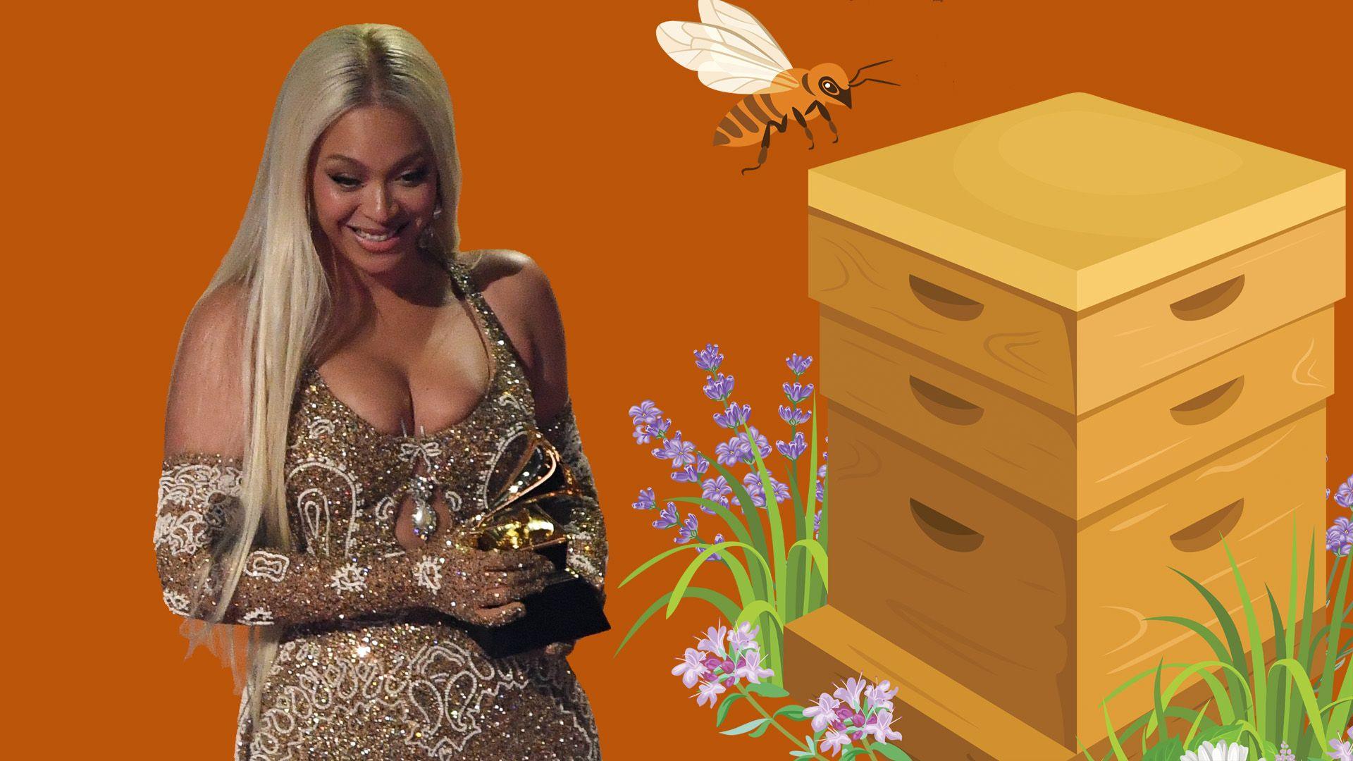 Beyonce in a gold dress holding grammy award with an illustration of a bee hive and a bee next to her