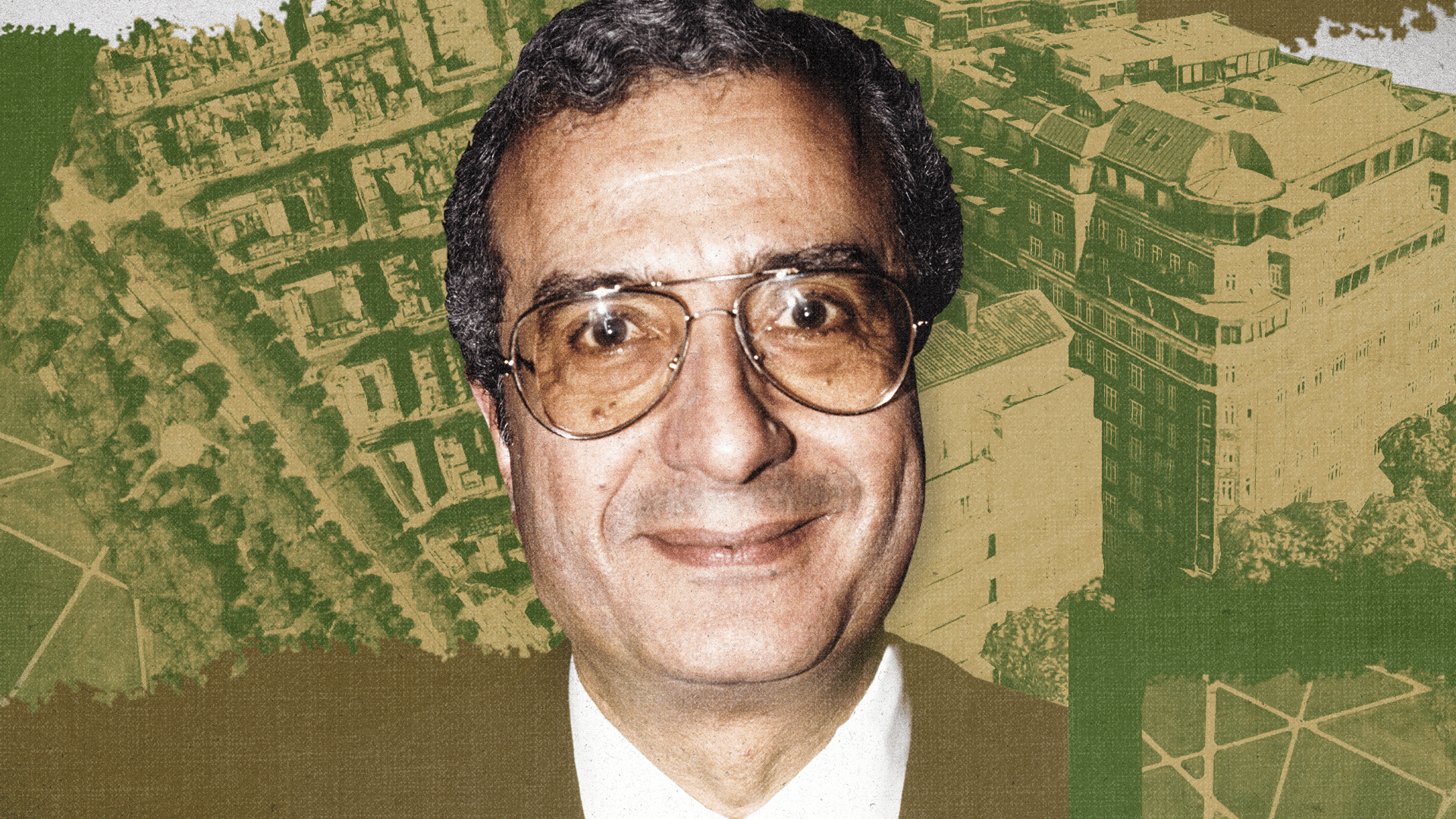 A photo of Ali Fayed with a sepia tone, taken several decades ago. He is smiling and wearing large tinted glasses.  Behind is a treated image in green of Park Lane which takes in some of the greenery of Hyde Park.