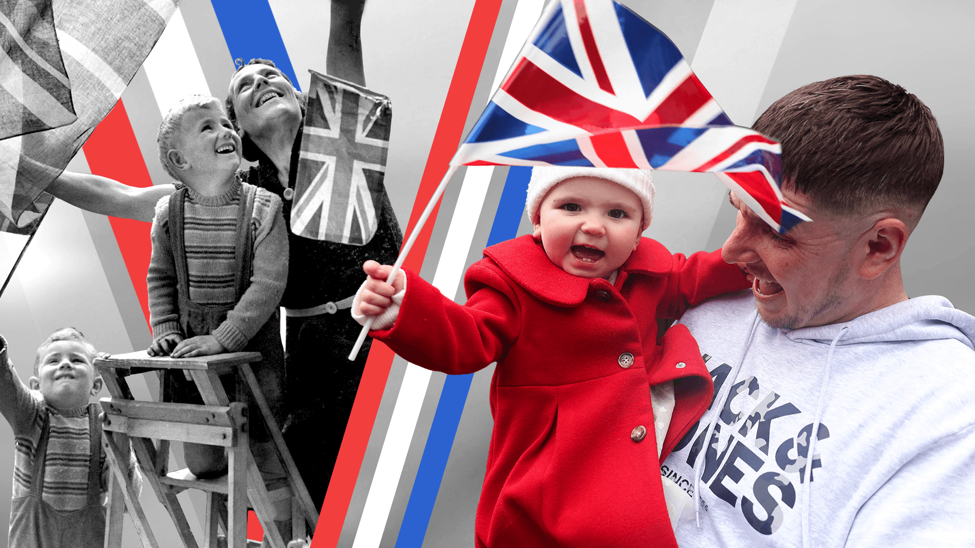 Two images of people celebrating VE Day. On the left, a woman is putting up Union Jack flags with two children. The picture is black and white. On the right, a dad is holding his young child who is waving a Union Jack. There is a designed V in the middle. 
