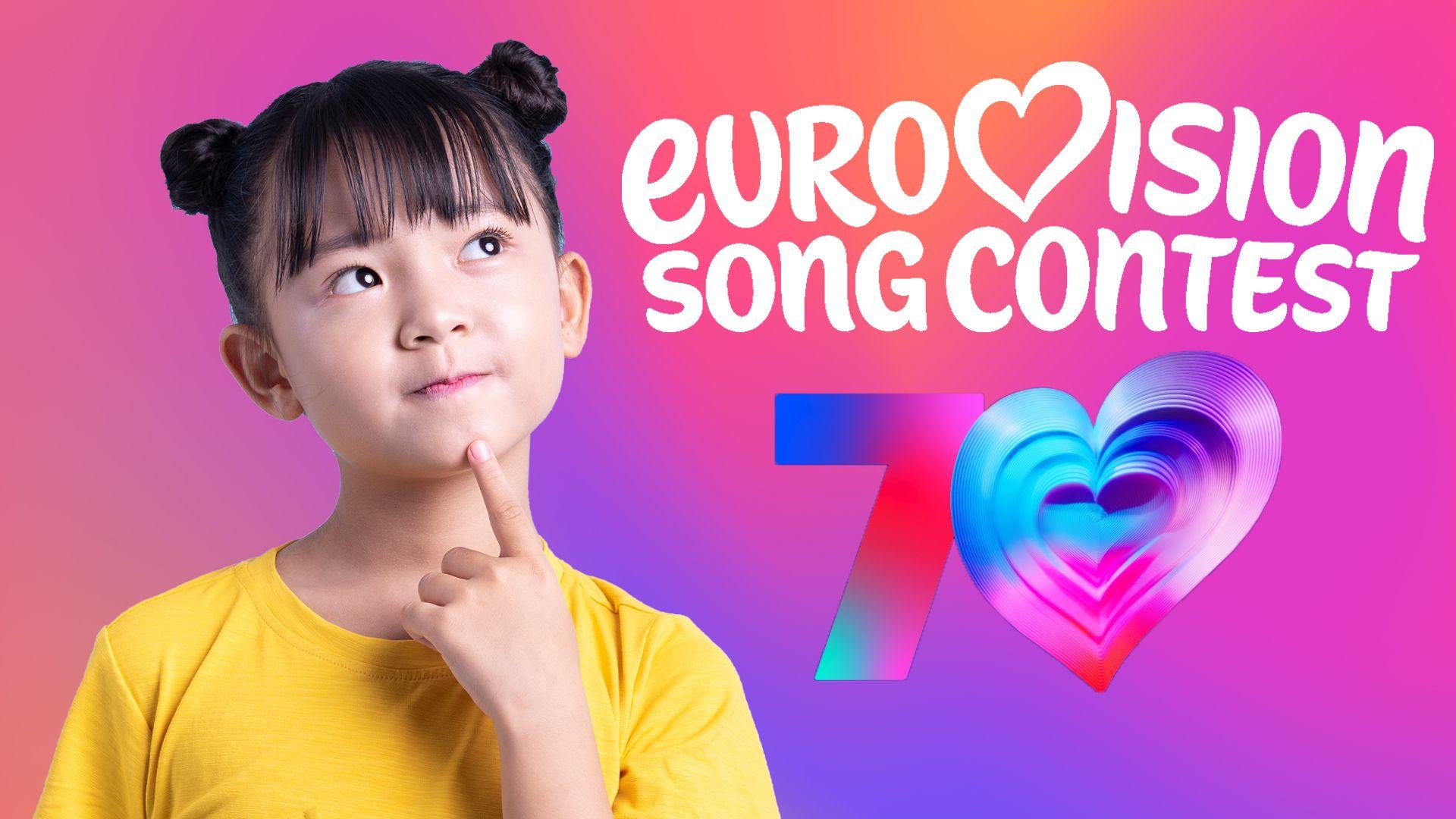 a girl looks thoughtfully at the eurovision logo