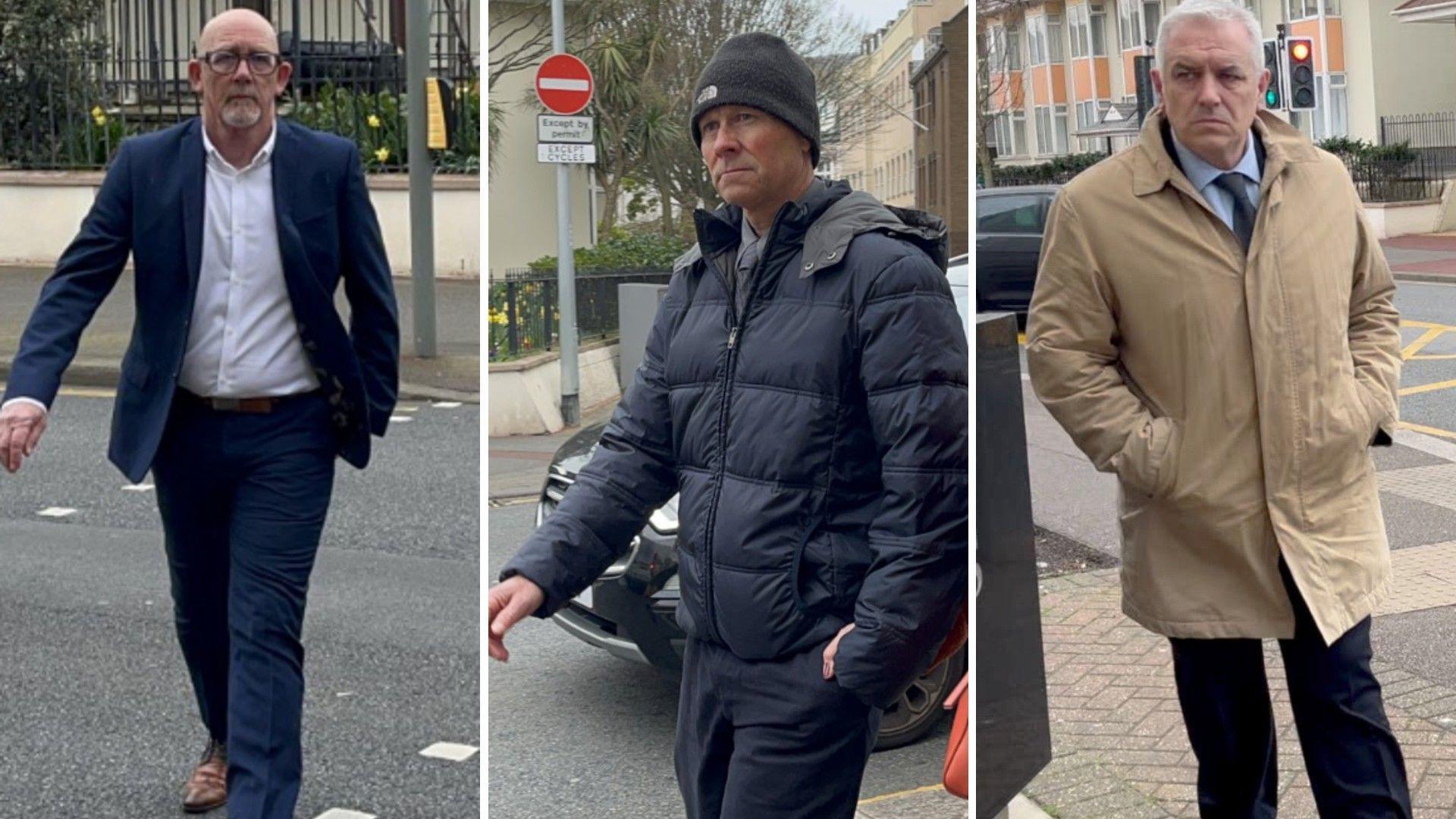 A three-way split photo of three men, one in blue suit and open neck shirt, another in dark jacket and dark woolly hat, and another in light brown raincoat.