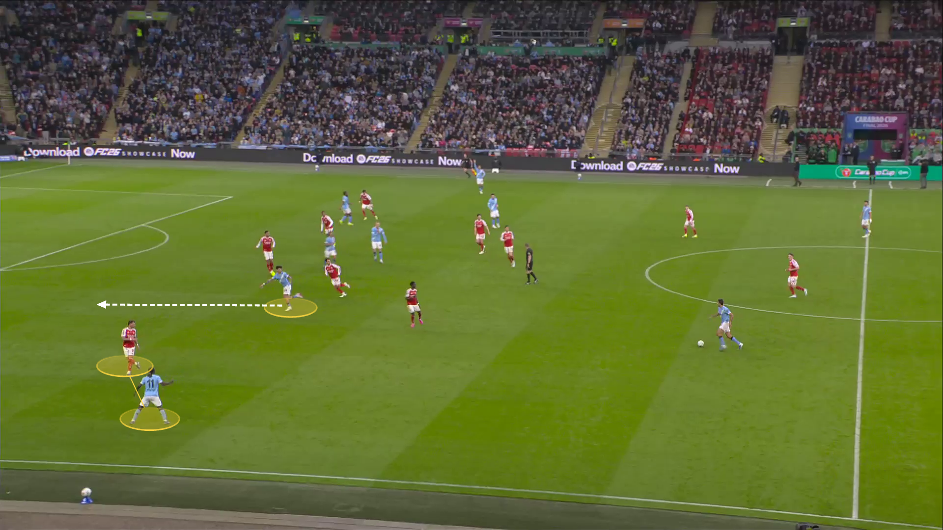 Screengrab illustrating Doku's positioning dragging Arsenal's right-back Ben White out wide, leaving space for O'Reilly to run into