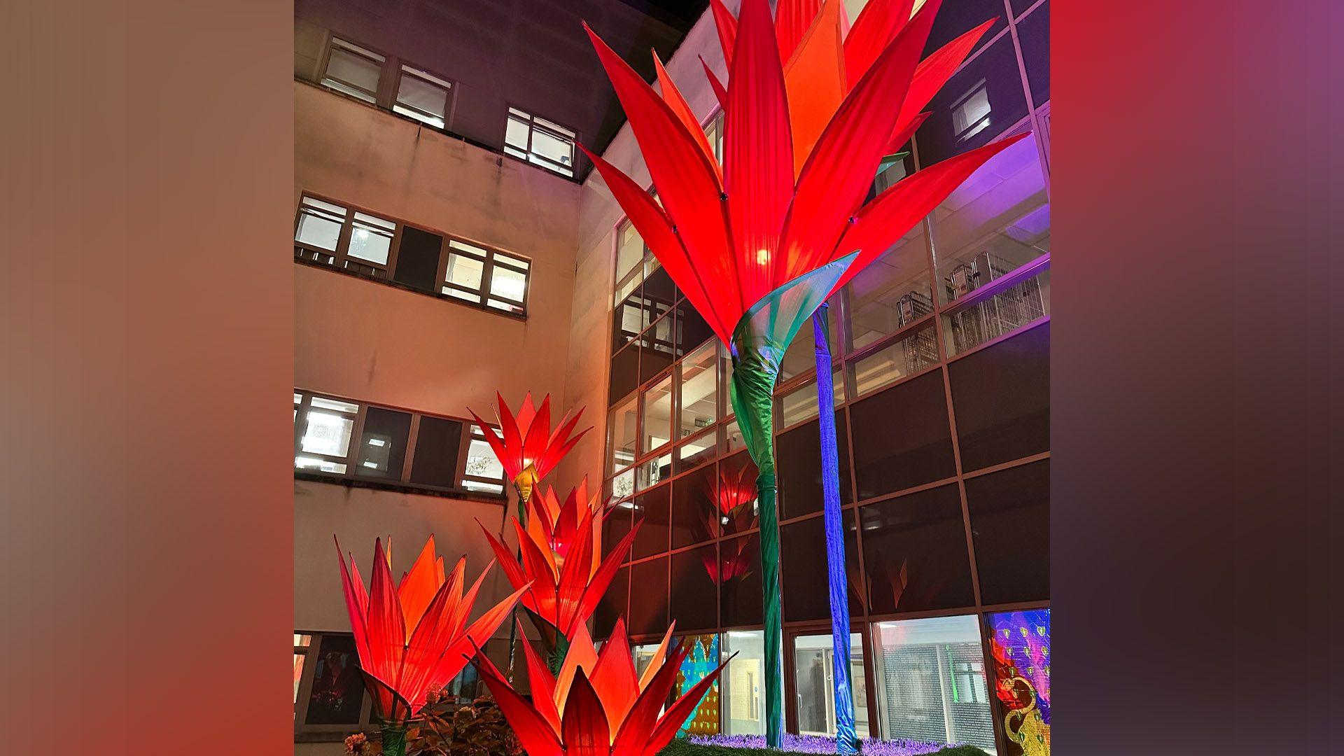 Red illuminated flowers with green stems in front of a hospital building.