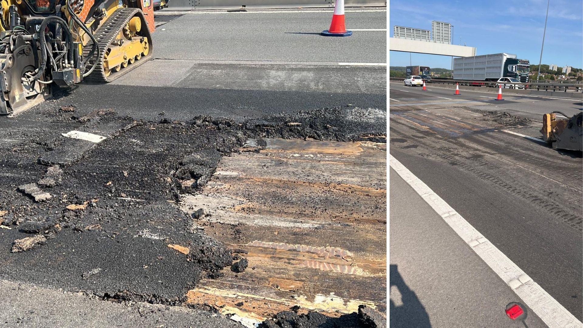 Two images side by side. The left shows a section of tarmac which looks to be freshly laid, however half of it has been scraped away to reveal an orange surface underneath. A large piece of yellow highways machinery with a diagonal belt instead of a wheel can be seen in the background. The right image shows a larger section of the same carriageway, with cones separating the three closed lanes from one lane of flowing traffic.