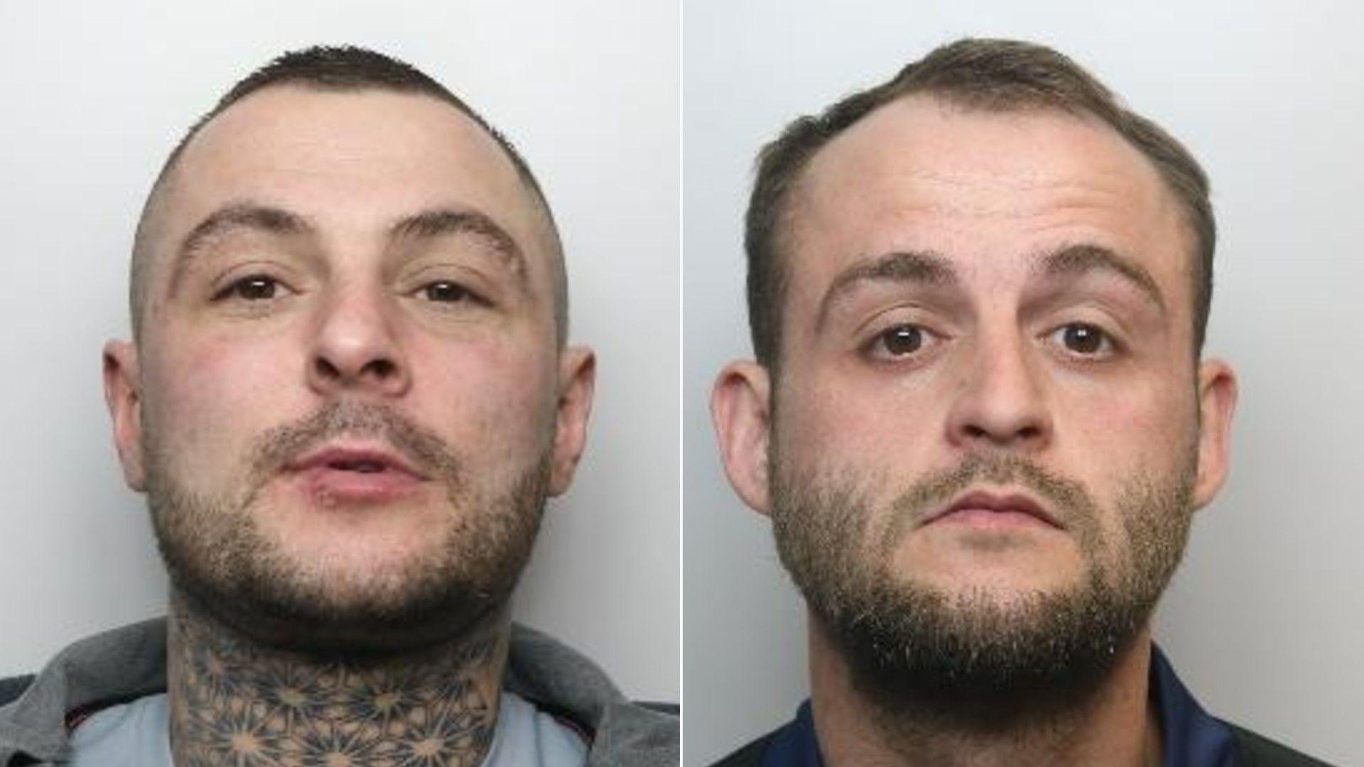 Two mugshots side by side. Scott on the left looks like he is smiling slightly. He has a short brown beard and a buzzcut. A pattern is tattooed across his whole neck. He is wearing a light blue t-shirt. Jason on the right looks slightly sad. He has slightly longer hair, a slightly longer beard, and wears a dark blue top.