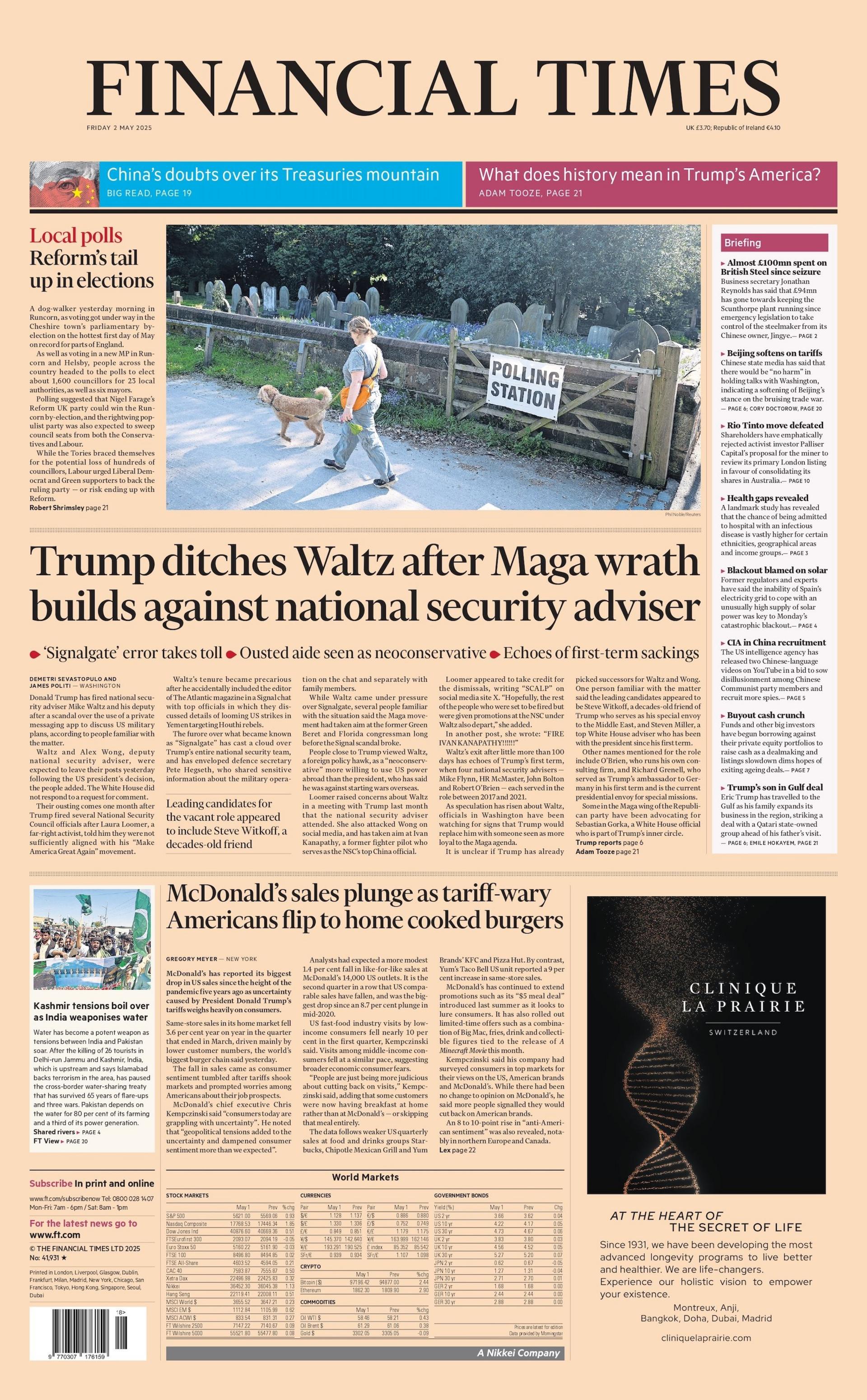 The headline on the front page of the Financial Times reads "Trump ditches Waltz after Maga wrath builds against national security adviser."