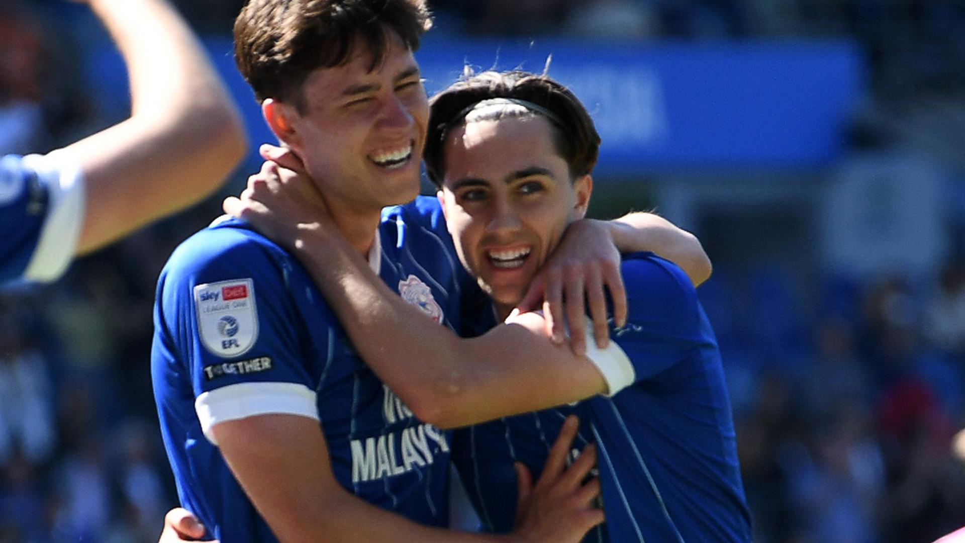 Joel Colwill (right) celebrates scoring for Cardiff with brother Rubin