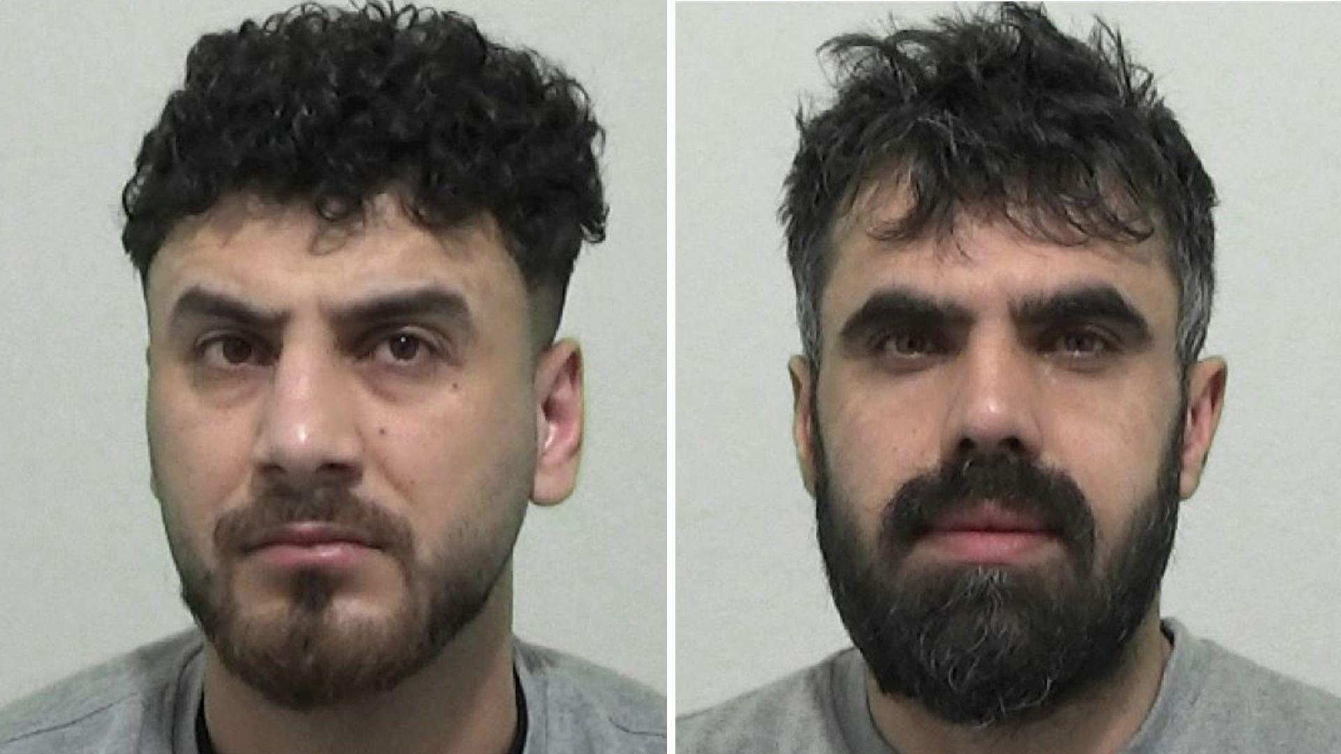 Mugshots of Namq and Ahmade Kalke. Namq has short thick curly black hair and a thin brown beard, Ahmade Kalke has messy black hair and a thick black beard.