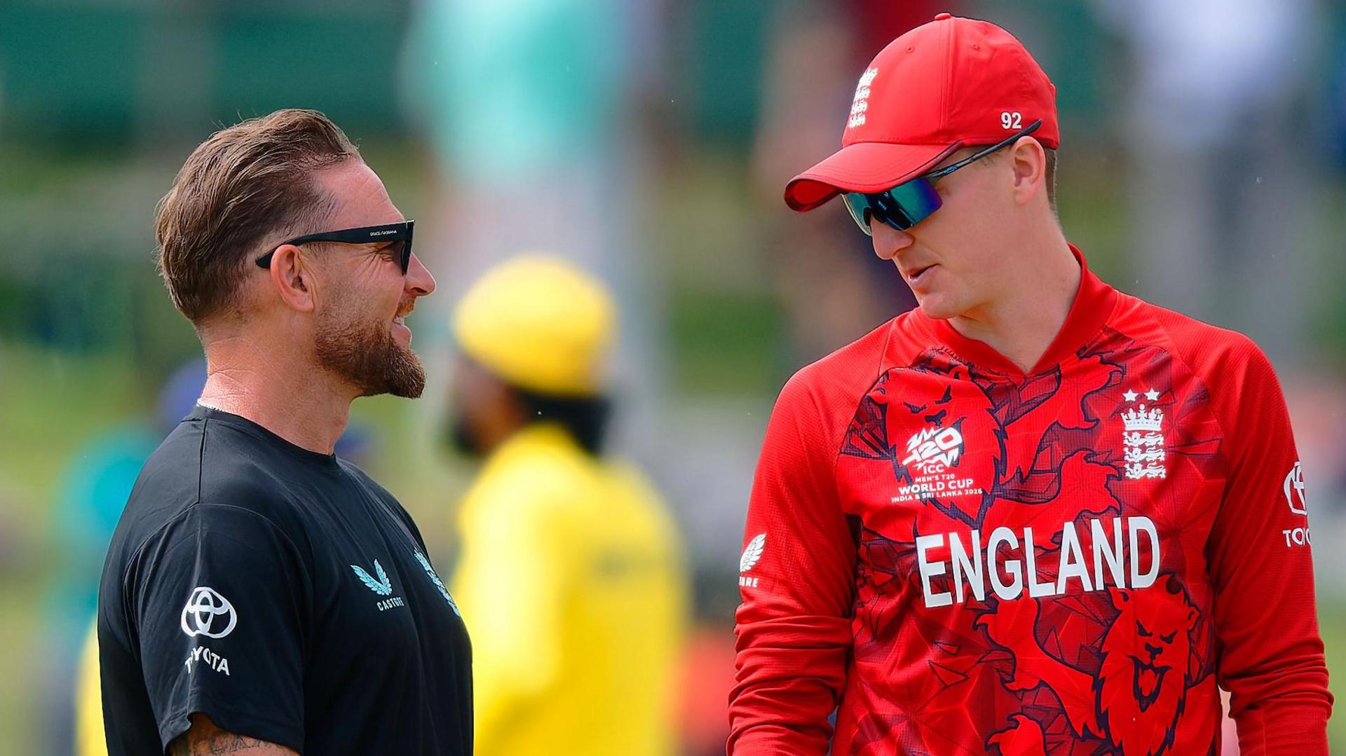 England head coach Brendon McCullum (left) speaks to captain Harry Brook (right) before the T20 World Cup match against Sri Lanka