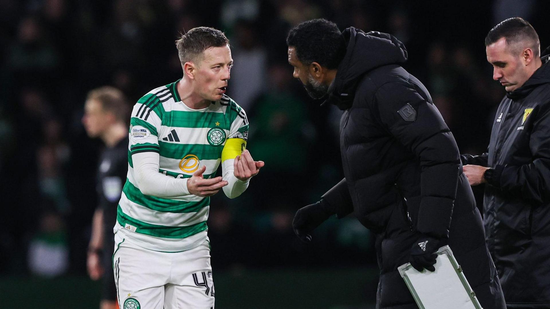 Celtic captain Callum McGregor talks to Wilfried Nancy during a Scottish Premiership match against Aberdeen