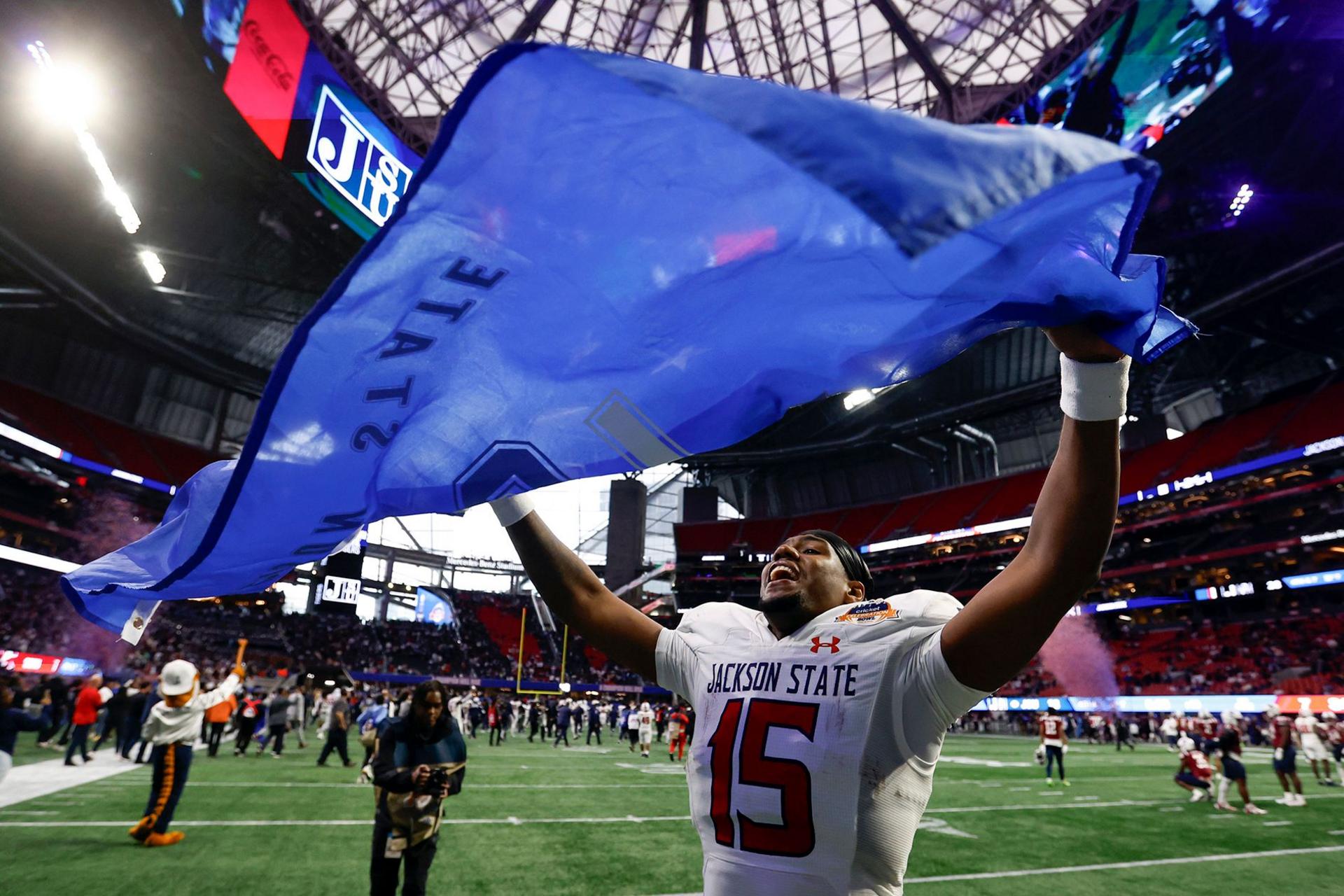 Quarterback Jacobian Morgan of the Jackson State Tigers celebrates after the win over the South Carolina State Bulldogs at the Mercedes-Benz Stadium in Atlanta, Georgia.