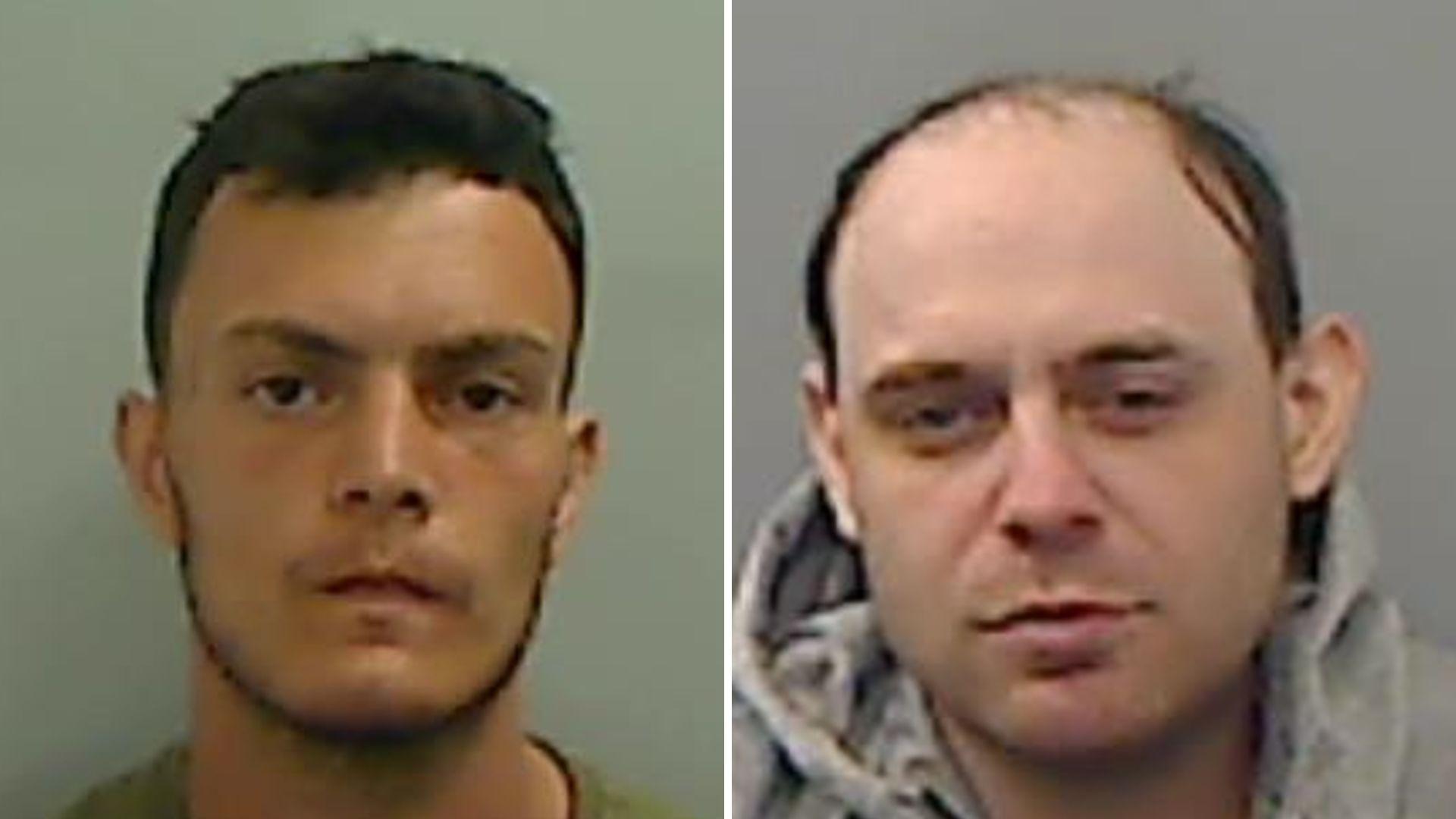 Mugshots of two men, one is tanned with dark hair, the other is pale with dark hair that is receding back from his forehead