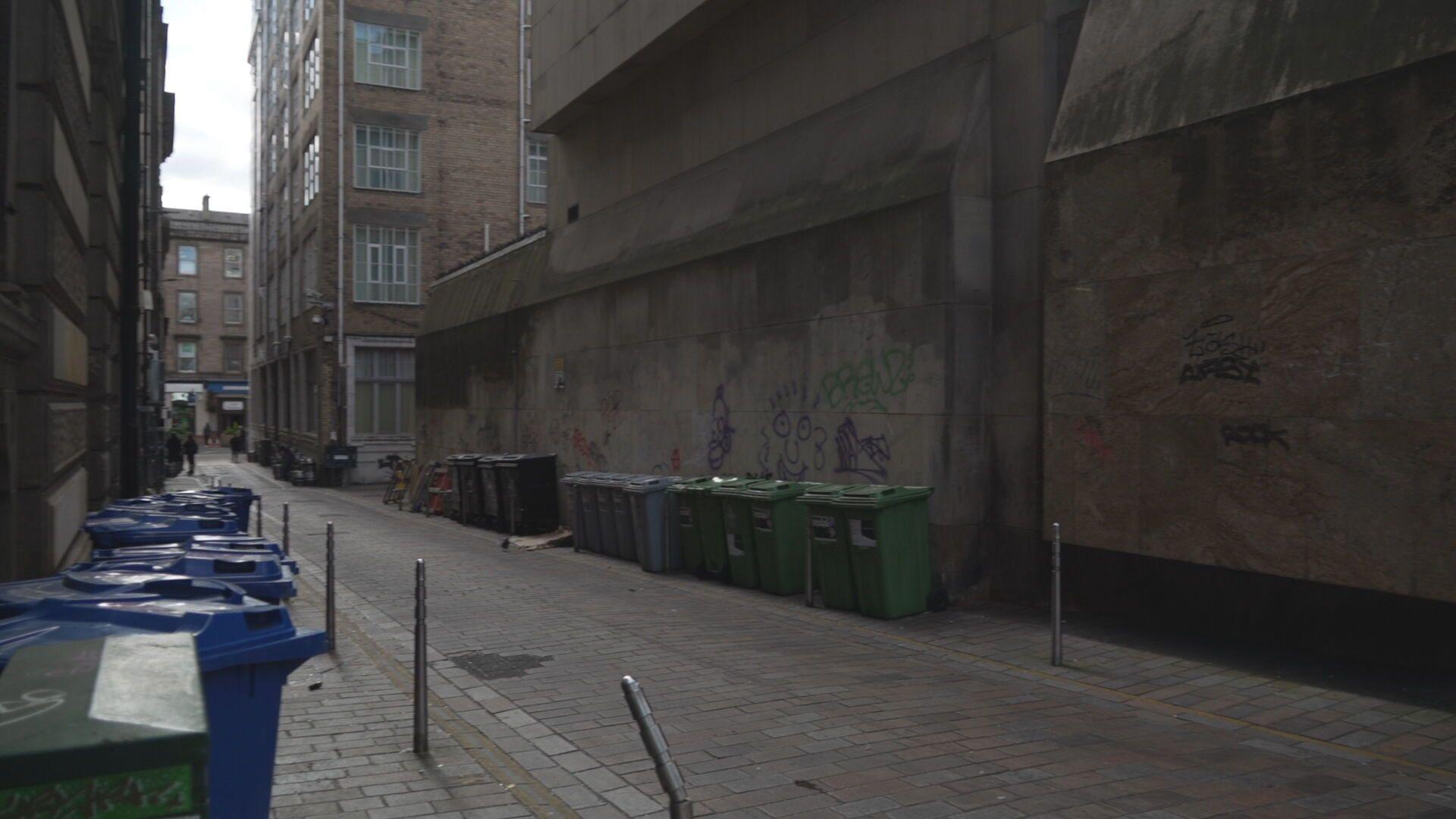 An alleyway in a city, filled with green and blue rubbish bins. No-one is in the area.