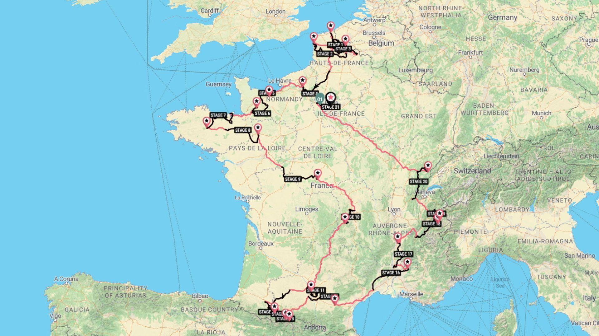 The route which Mrs Hudson cycled shown on a map of France. The route takes an anti-clockwise, banana-shaped inland loop around France, from the north coast, down through the centre, across the south and up the Swiss border before cutting across to the north again. 