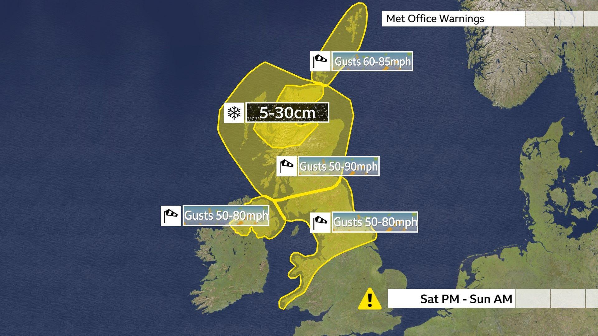 Weather map showing yellow warnings across the UK