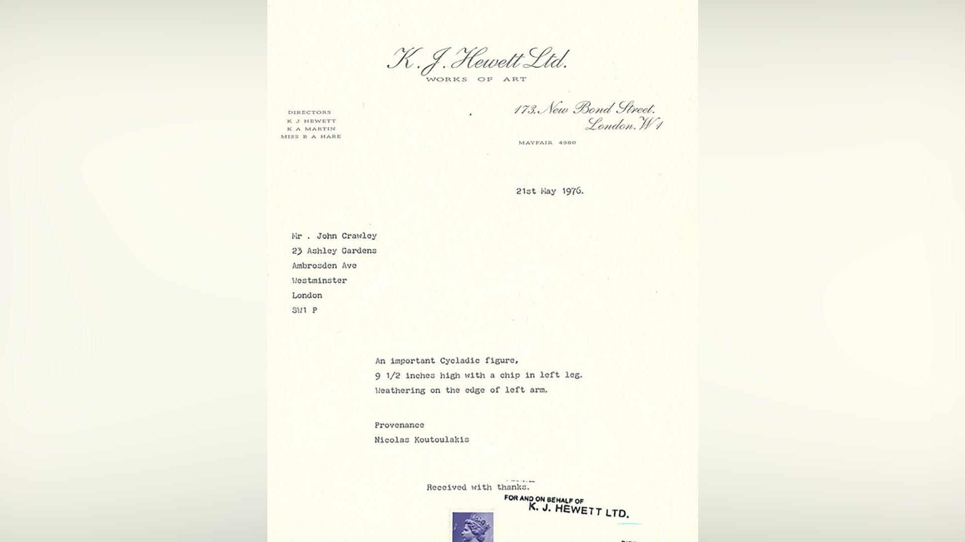 A fake letter addressed to Crowley, describing the statue and its condition.