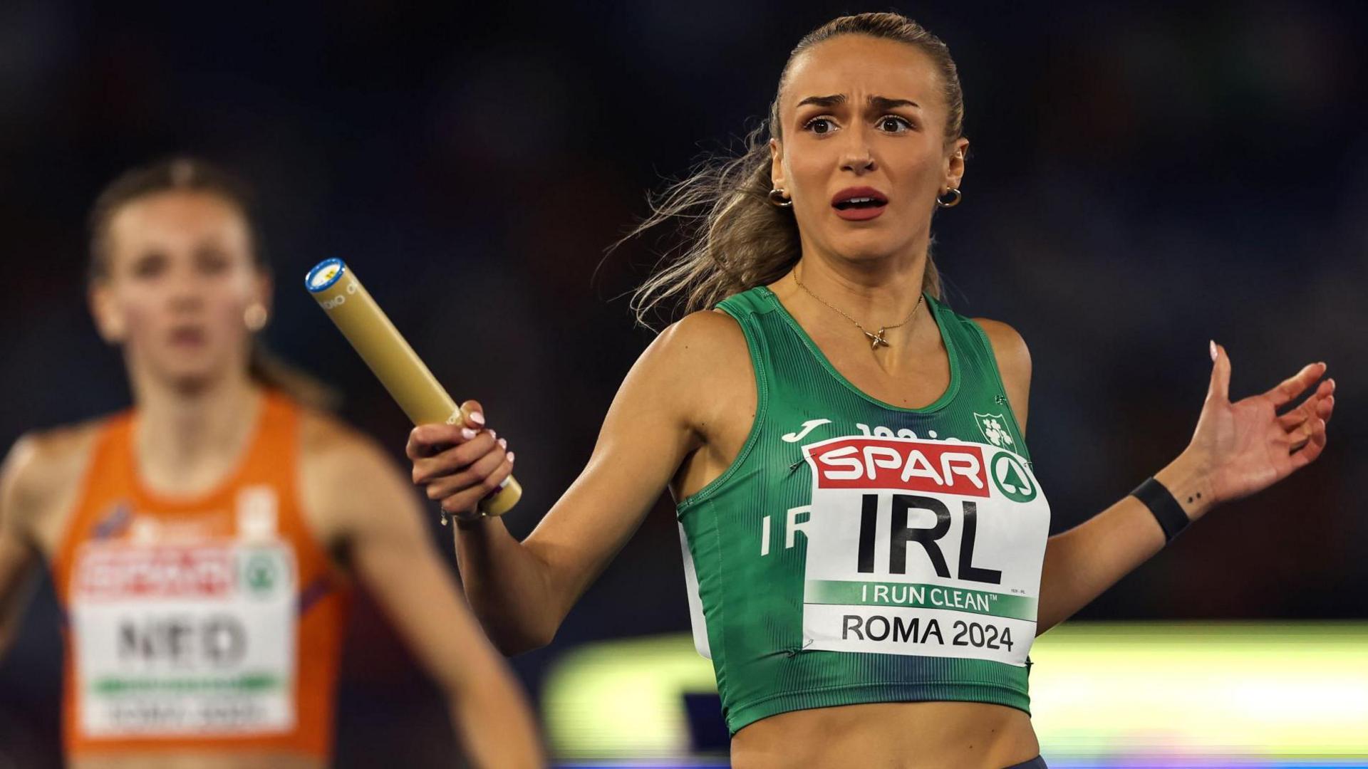 Sharlene Mawdsley looks shock after anchoring Ireland to victory in the 4x400m mixed relay at the European Championships in Rome