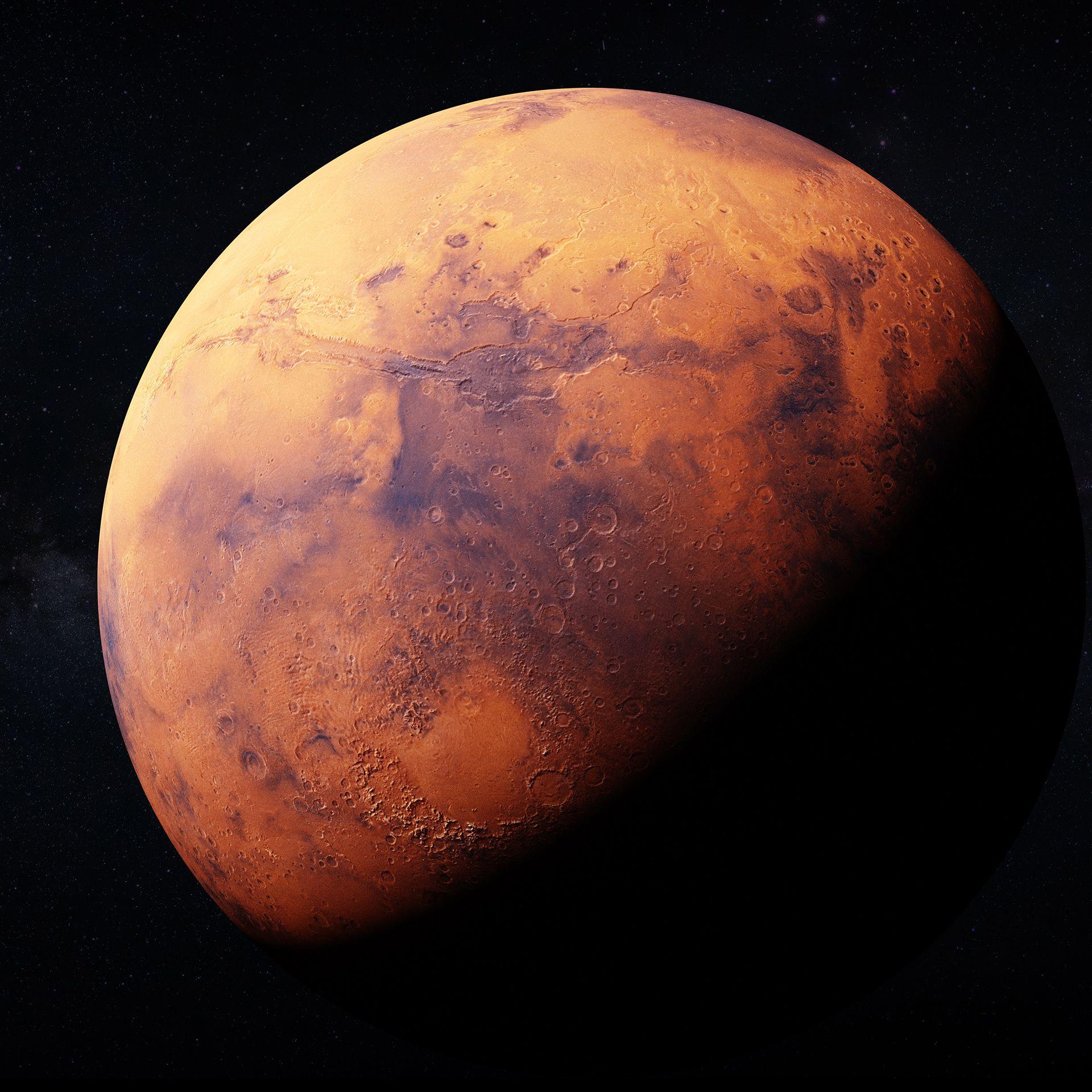 A digital illustration shows red clouds and water ice on the surface of Mars against the black abyss of space.
