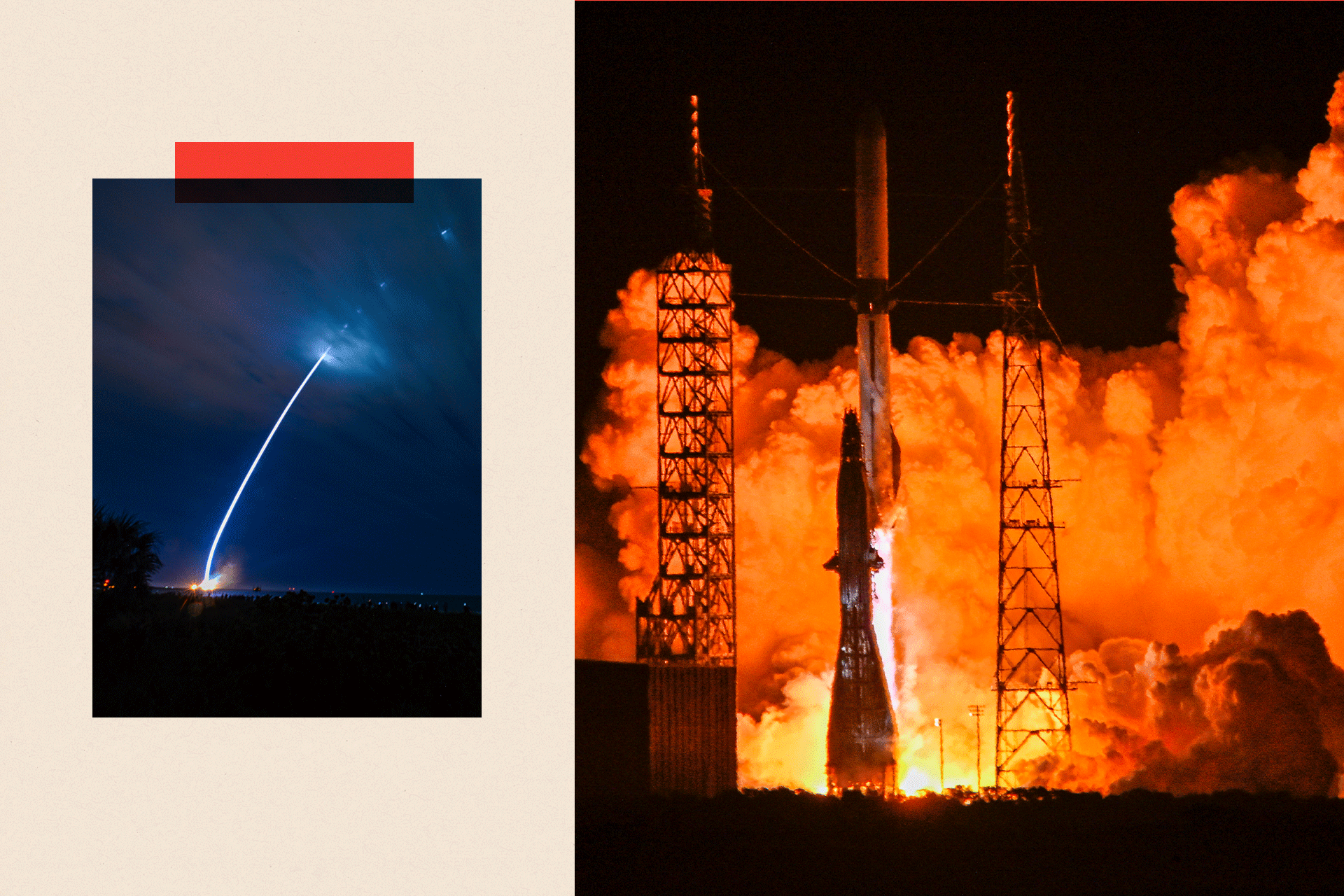 Two images show two separate rocket launches 