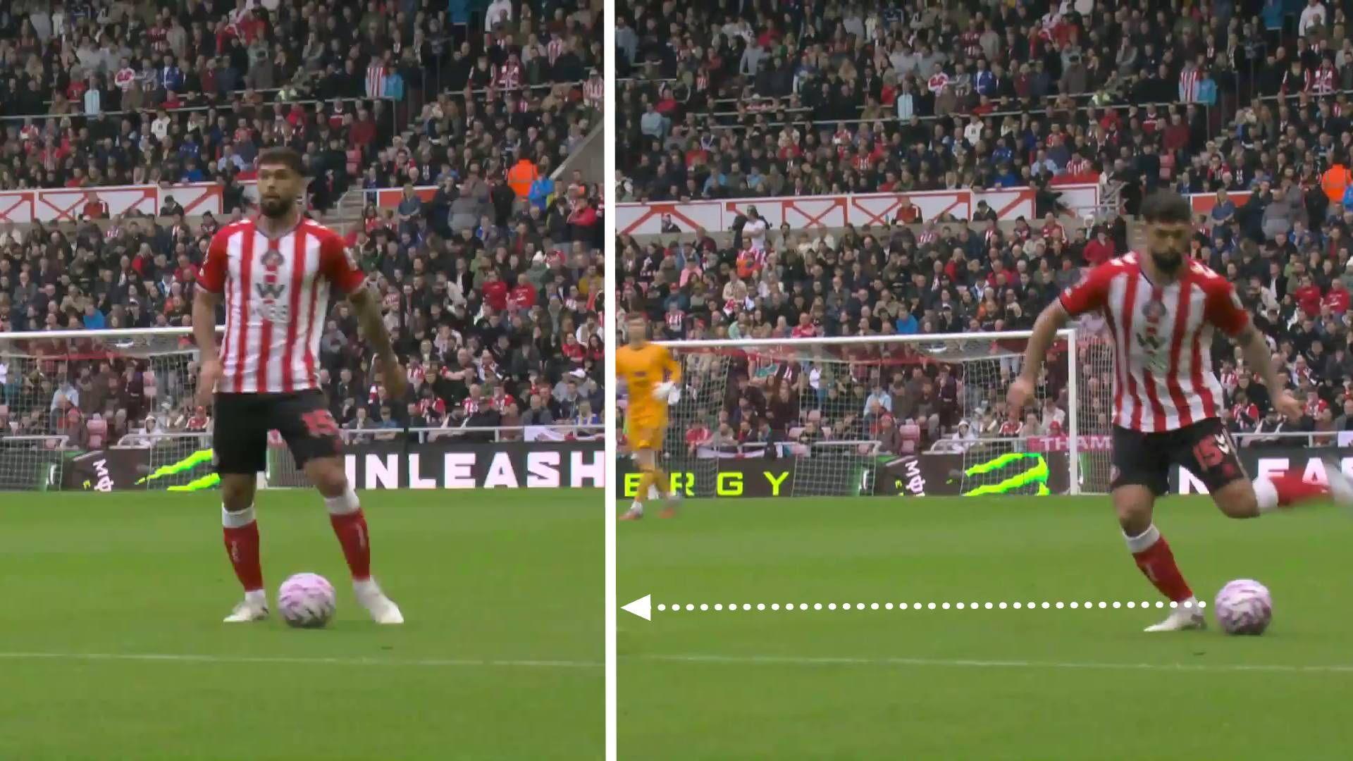 Alderete faces up suggesting he will play the pass down the line before playing it in-field at the last second fooling the nearby pressing opponent. 
