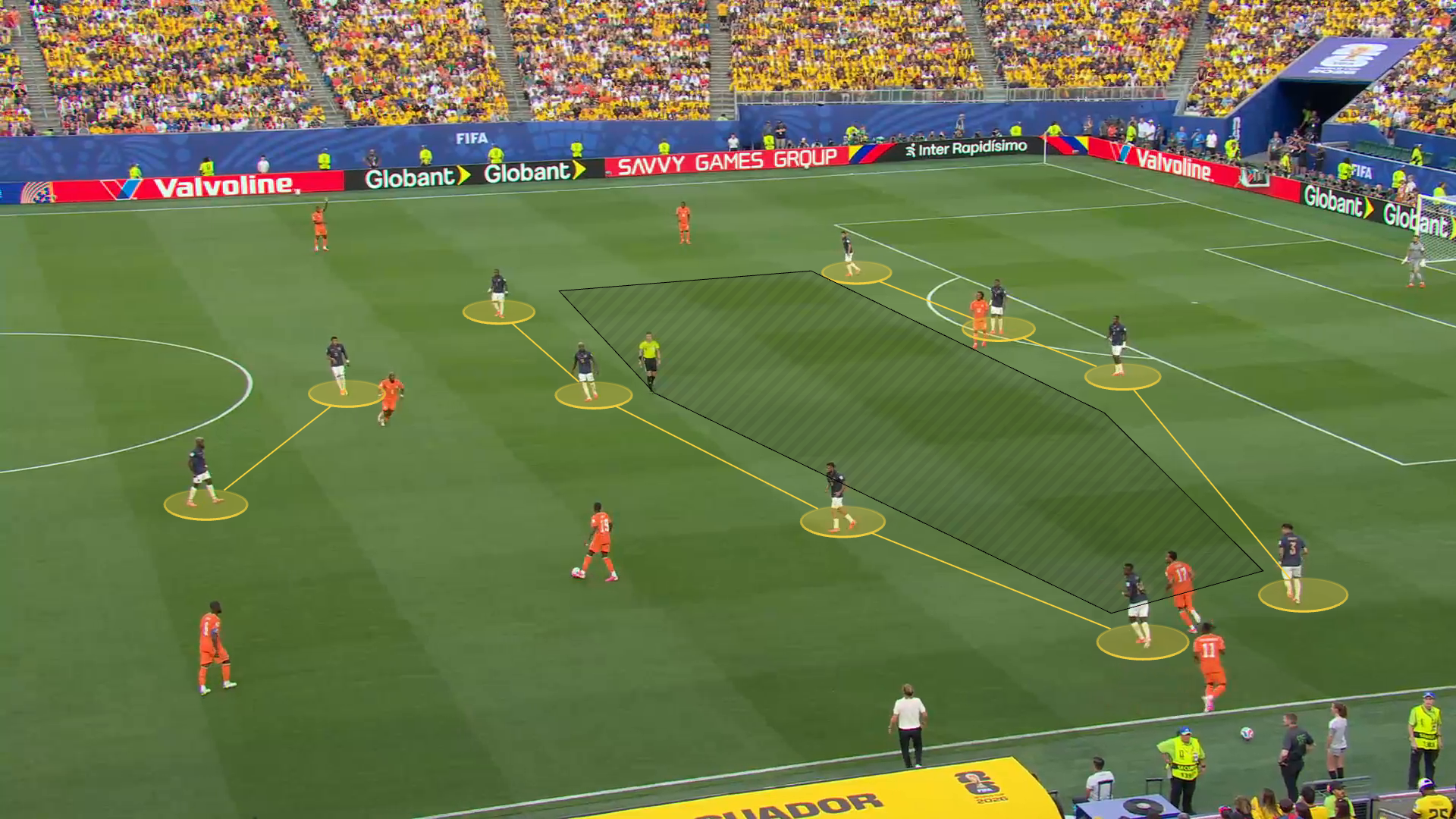 Screengrab from Ecuador vs Ivory Coast. Annotated is Ecuador's 4-4-2 shape and the space between their midfield and defensive line.