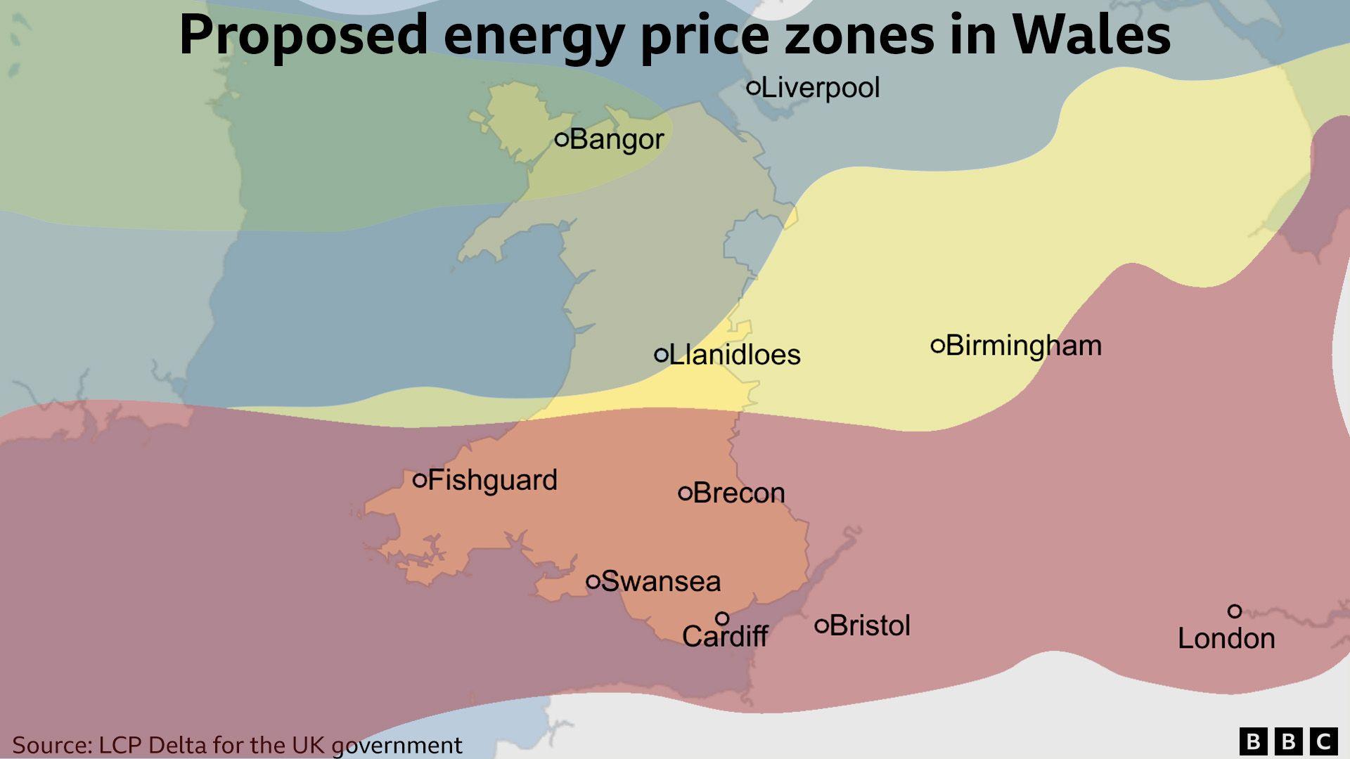 Map of Wales and England showing the proposed energy price zones in Wales. There are various cities captions.. and the possible different zones are marked in different colours. 