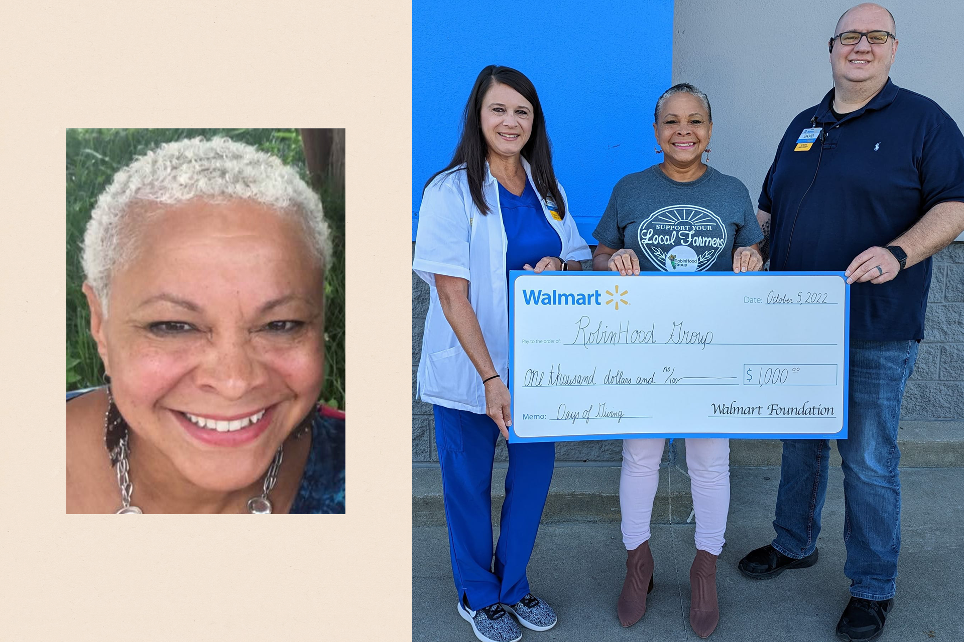 Montage of a close-up of Elise Ashby and another picture of her accepting a cheque for $100,000 from the Walmart Foundation on behalf of her non-profit RobinHood Group