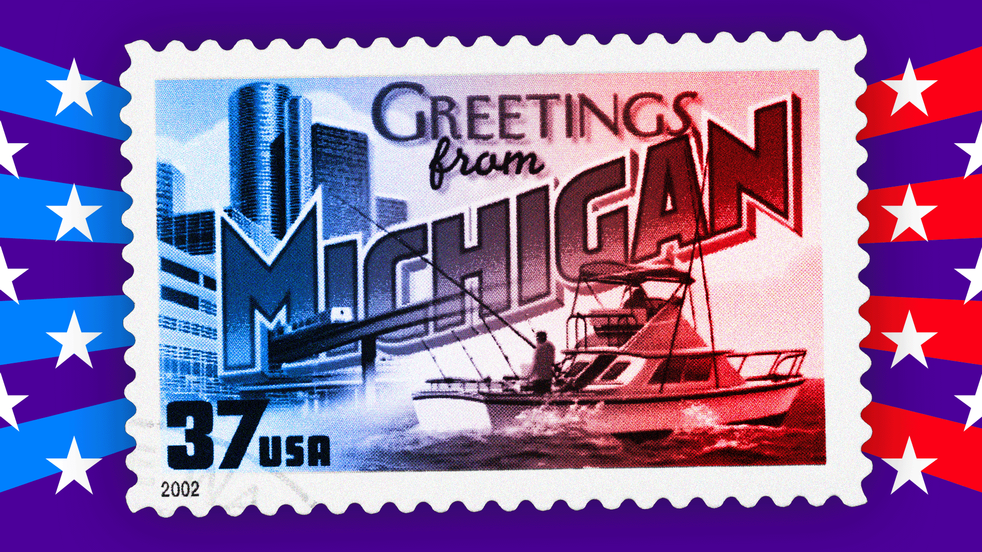 An image of a blue and red-tinted Michigan postage stamp over a purple background with white stars and blue and red stripes. The stamp features a small boat and landscape of Detroit with an inscription that reads 'Greetings from Michigan'
