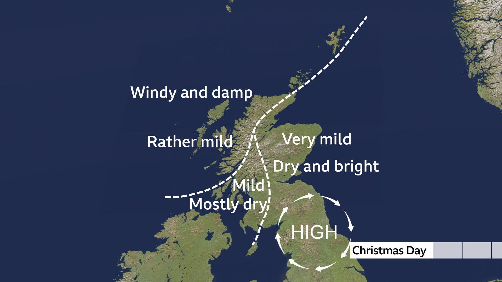 a map of the UK focussed on Scotland. It shows the weather forecast for Christmas day which is windy, damp and rather mild in the north west, very mild dry and bright in the north east and mild but mostly dry in the west. 