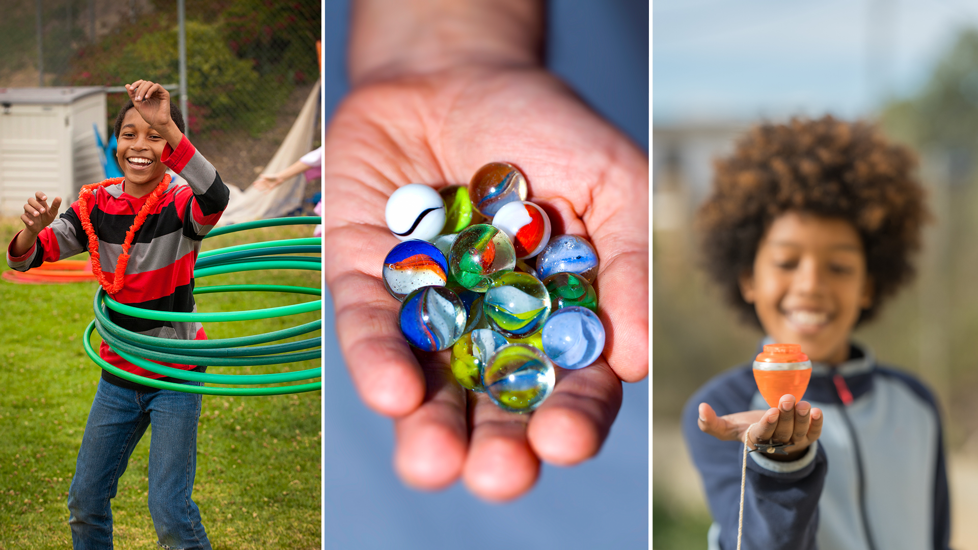 A boy hula hooping, a hand holding marbles and a boy with a holding a spinning top.