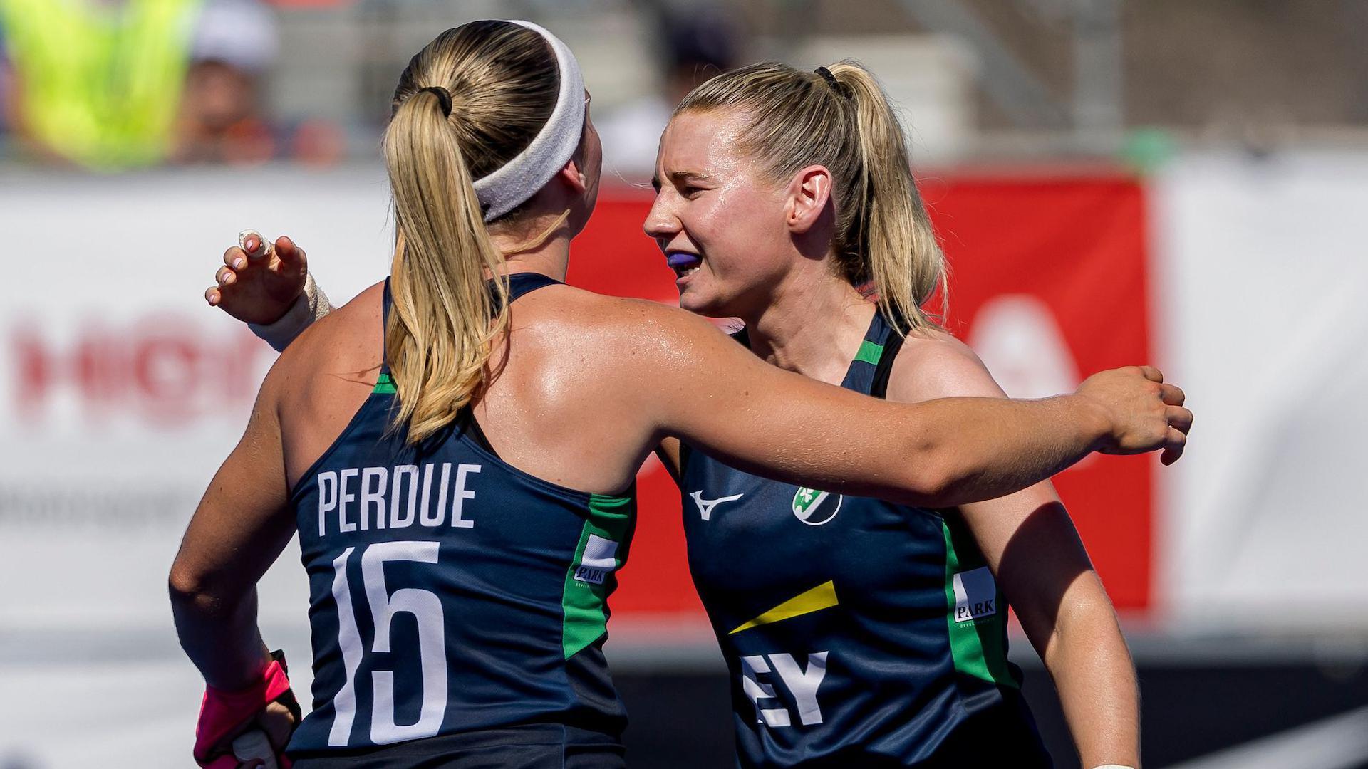 Christina Hamill celebrates with goalscorer Caoimhe Perdue 