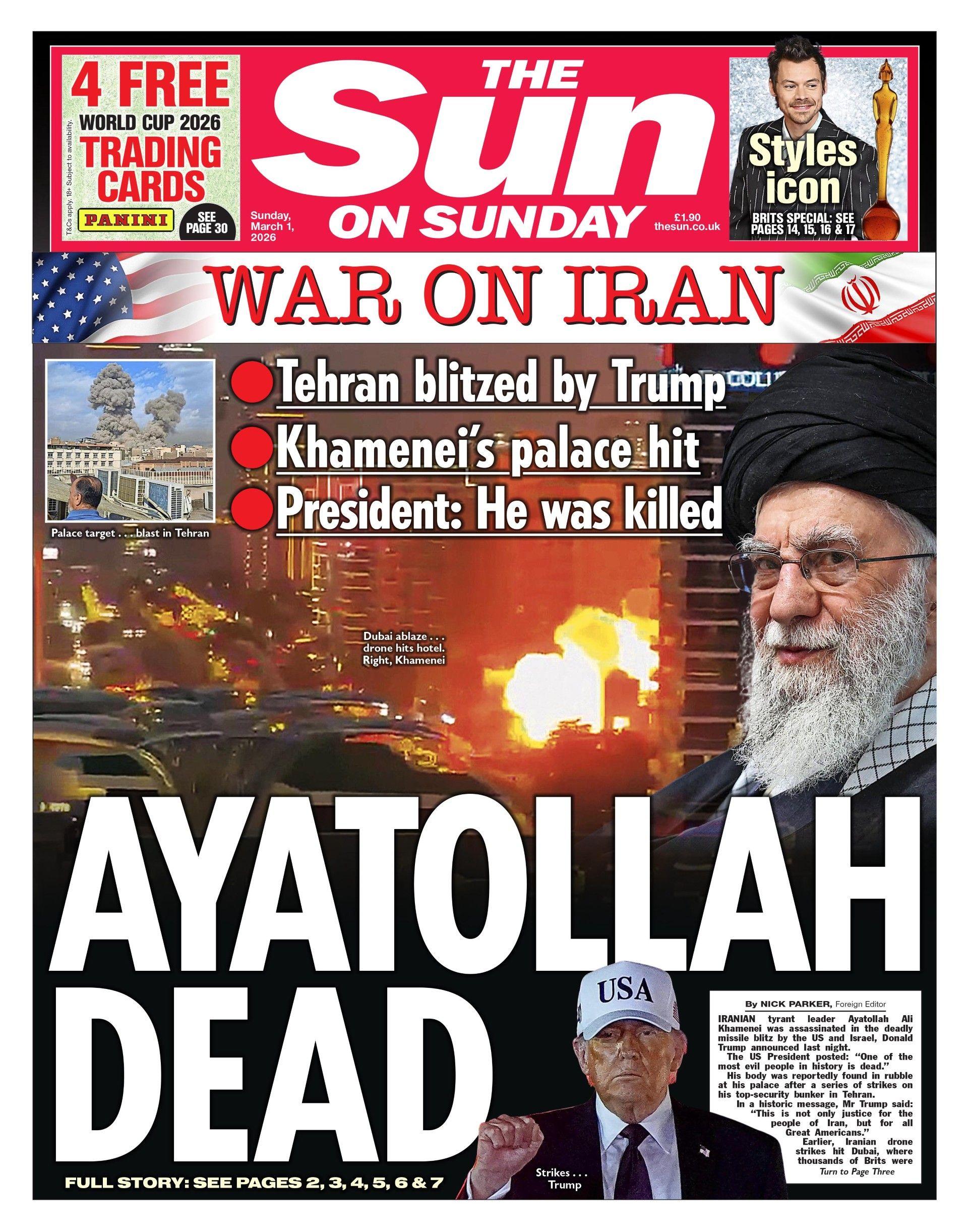The headline on the front page of the Sun on Sunday reads: "Ayatollah dead".