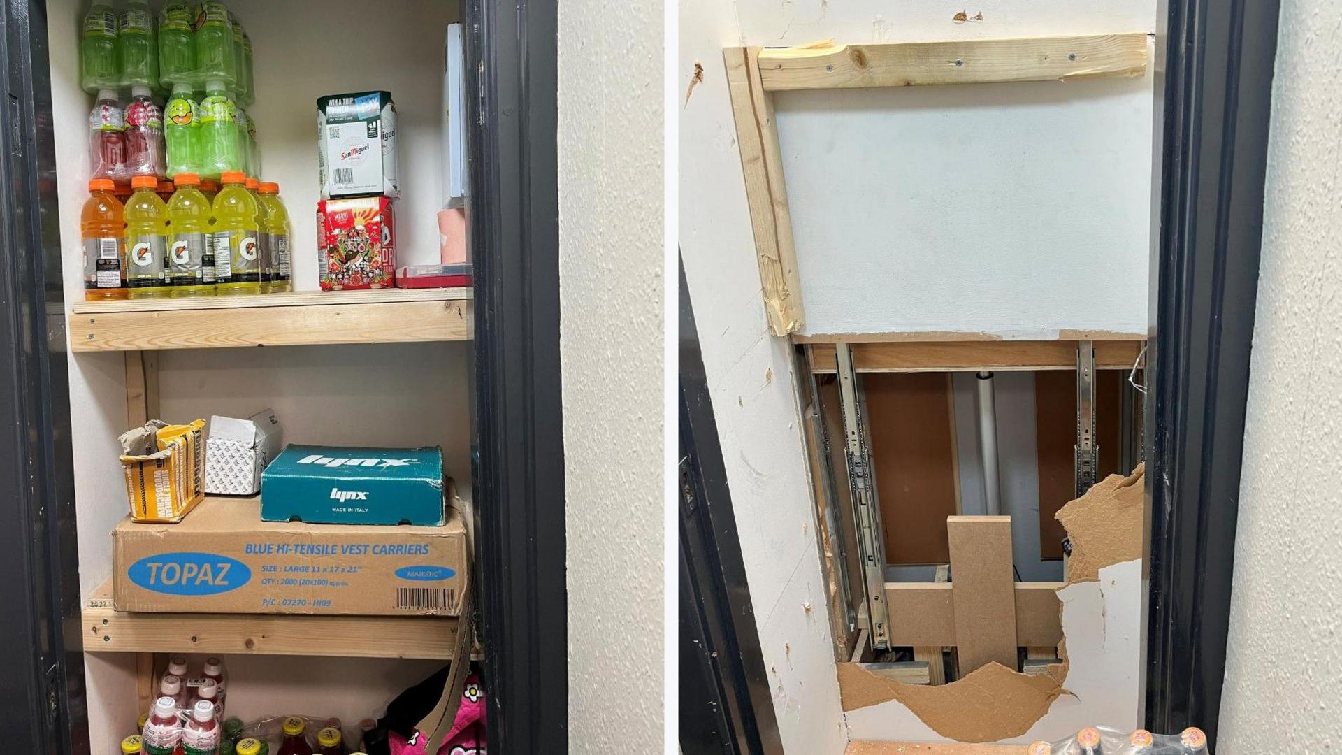 On the left, a series of drinks can be seen piled up in front of a wall. On the right, the wall behind the drinks has been dismantled. This was where the illicit vapes and illegal cigarettes were being stashed.