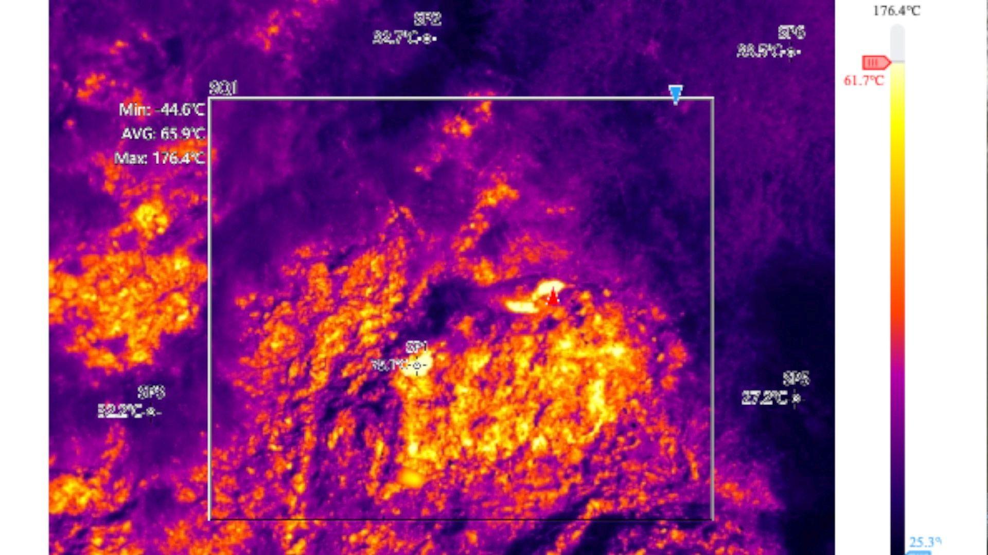 Thermal image of the Arnold's Field site, showing temperatures up to 176 degrees centigrade. 