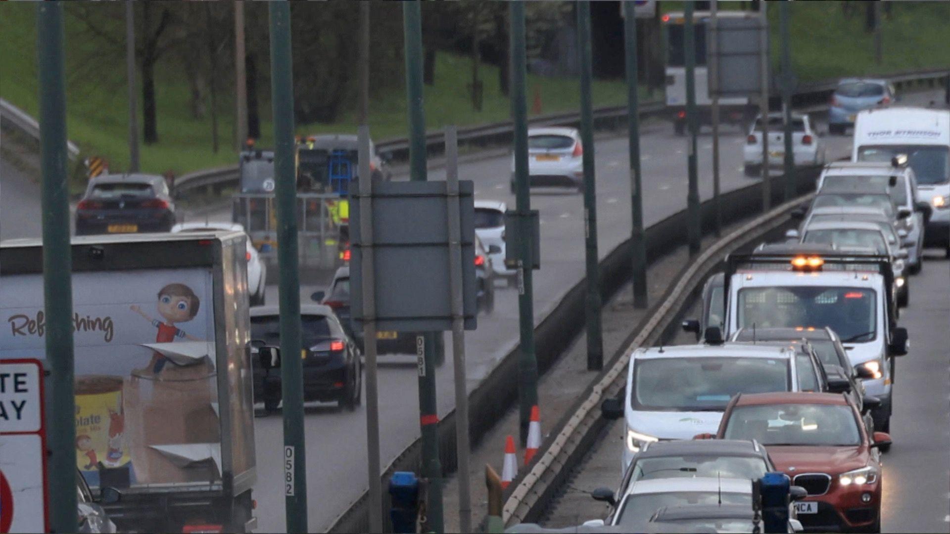 A line of cars on a motorway