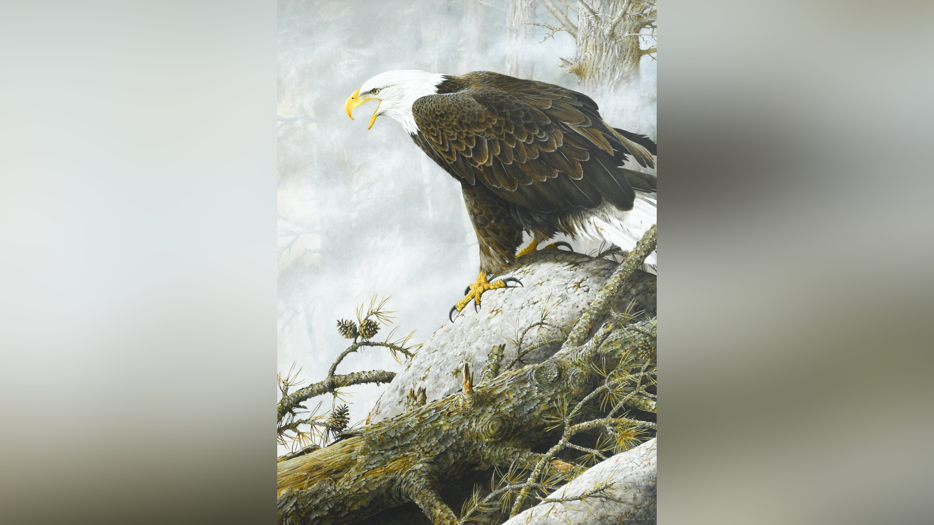 A painting of a bald eagle. It has a yellow beak, white head and its body is made up of mainly brown feathers with some white feathers toward its tail.