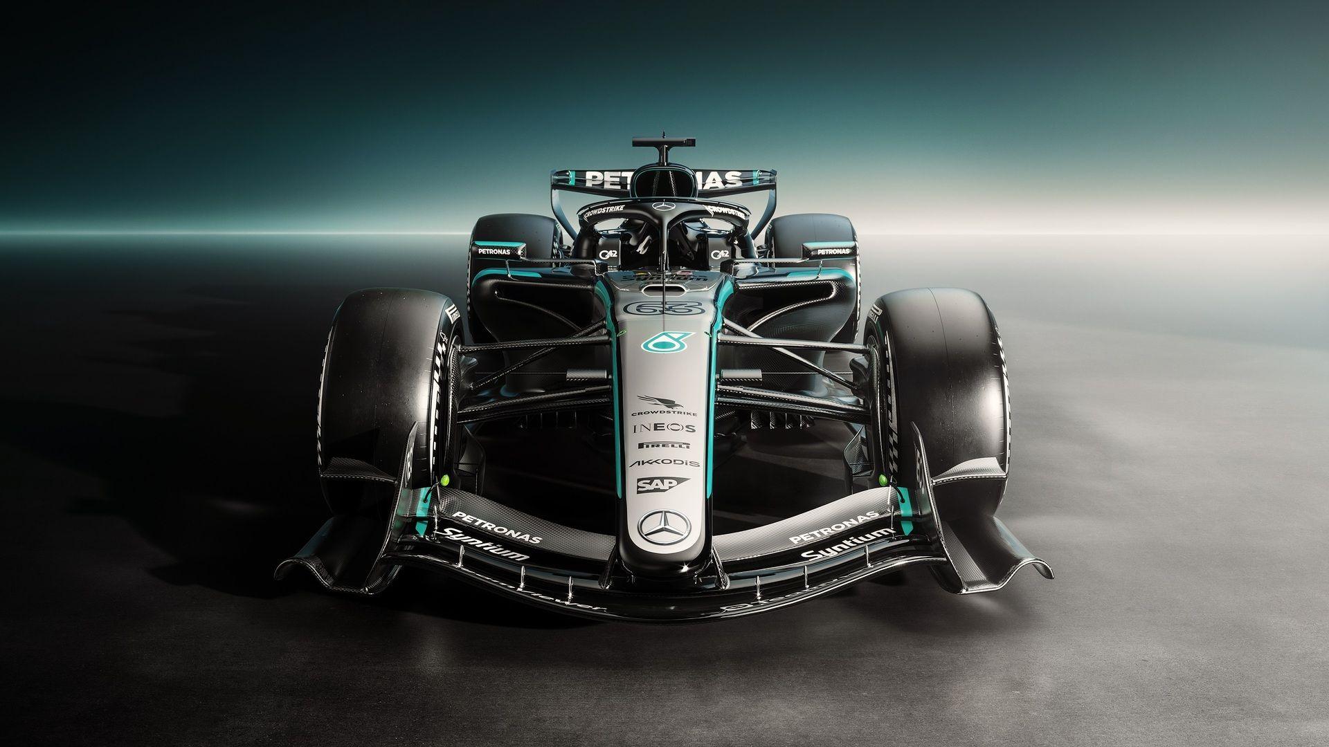A front-on graphic image of the 2026 Mercedes F1 car