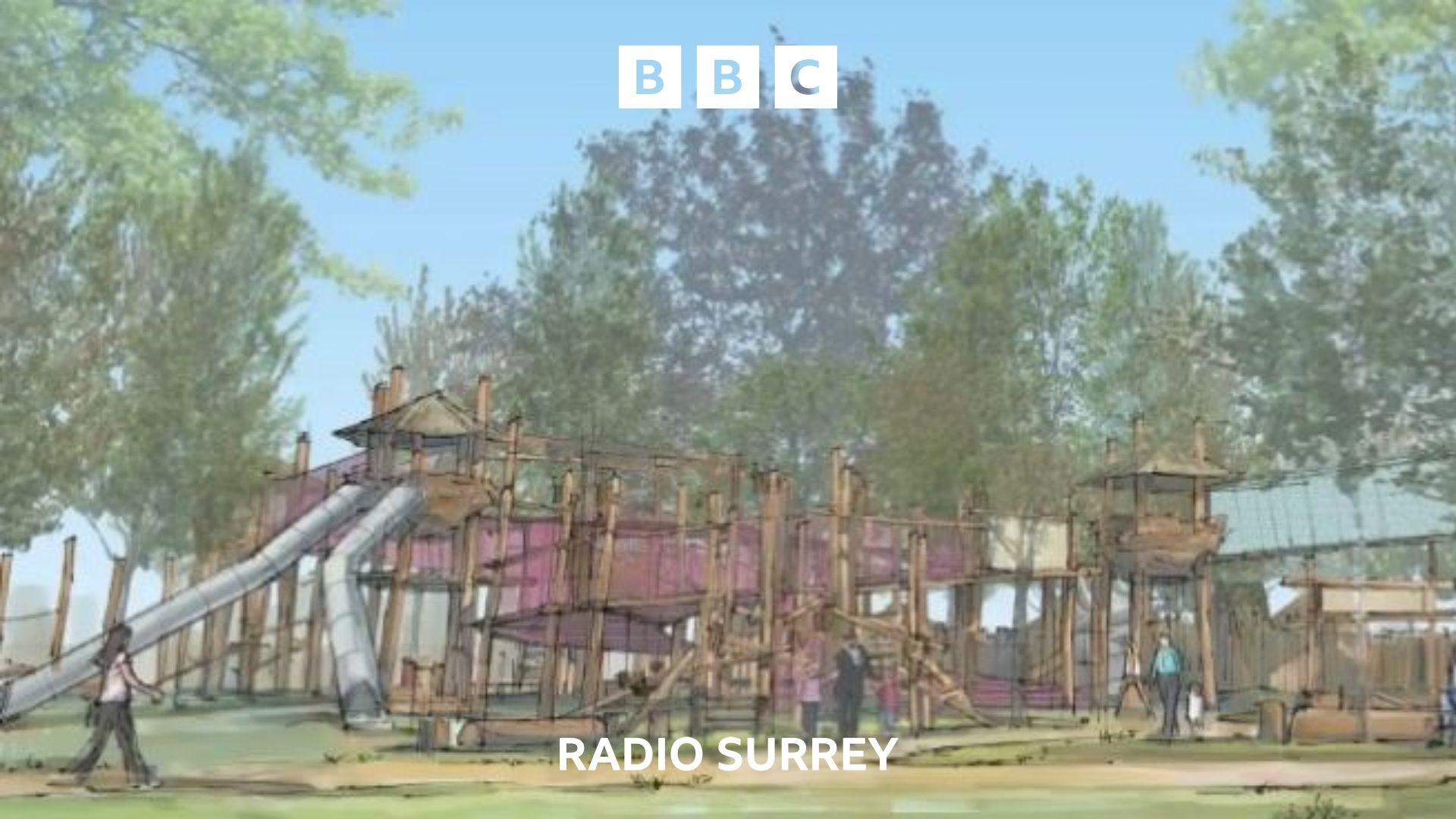 An artists impression of an outdoor play area for children. Featuring metal tube slides, walkways and tree houses.