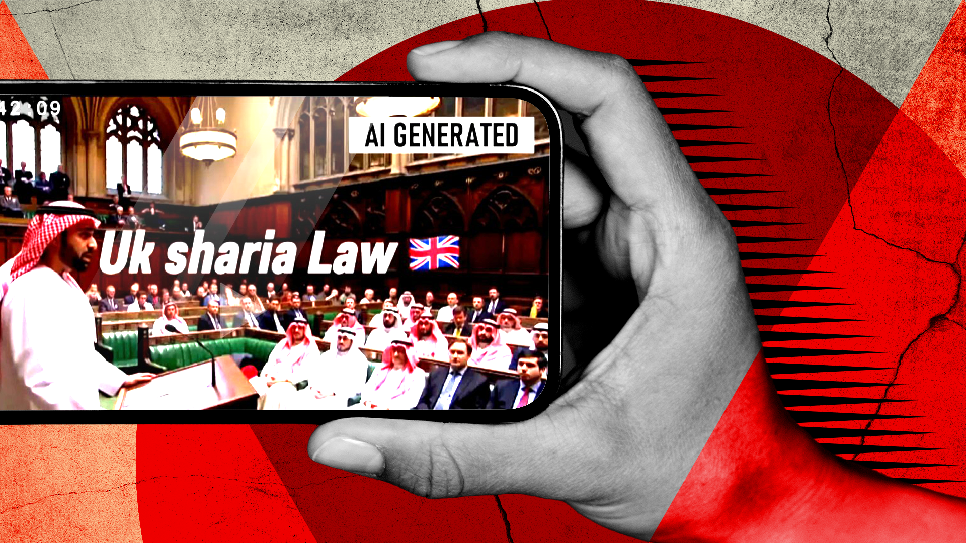 A composite graphic shows a hand holding a phone with an AI-generated image of a man in traditional Islamic clothing, including a red-and-white headdress, addressing the UK Parliament, with several others in similar clothing sitting on the green benches. The video has a caption saying "UK Sharia Law".