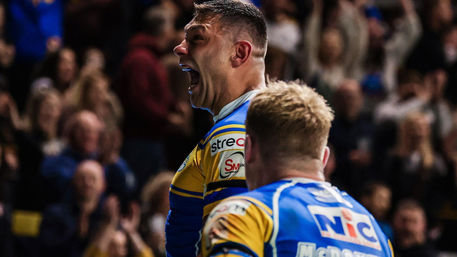 Ryan Hall scoring a try for Super League rugby league team Leeds Rhinos