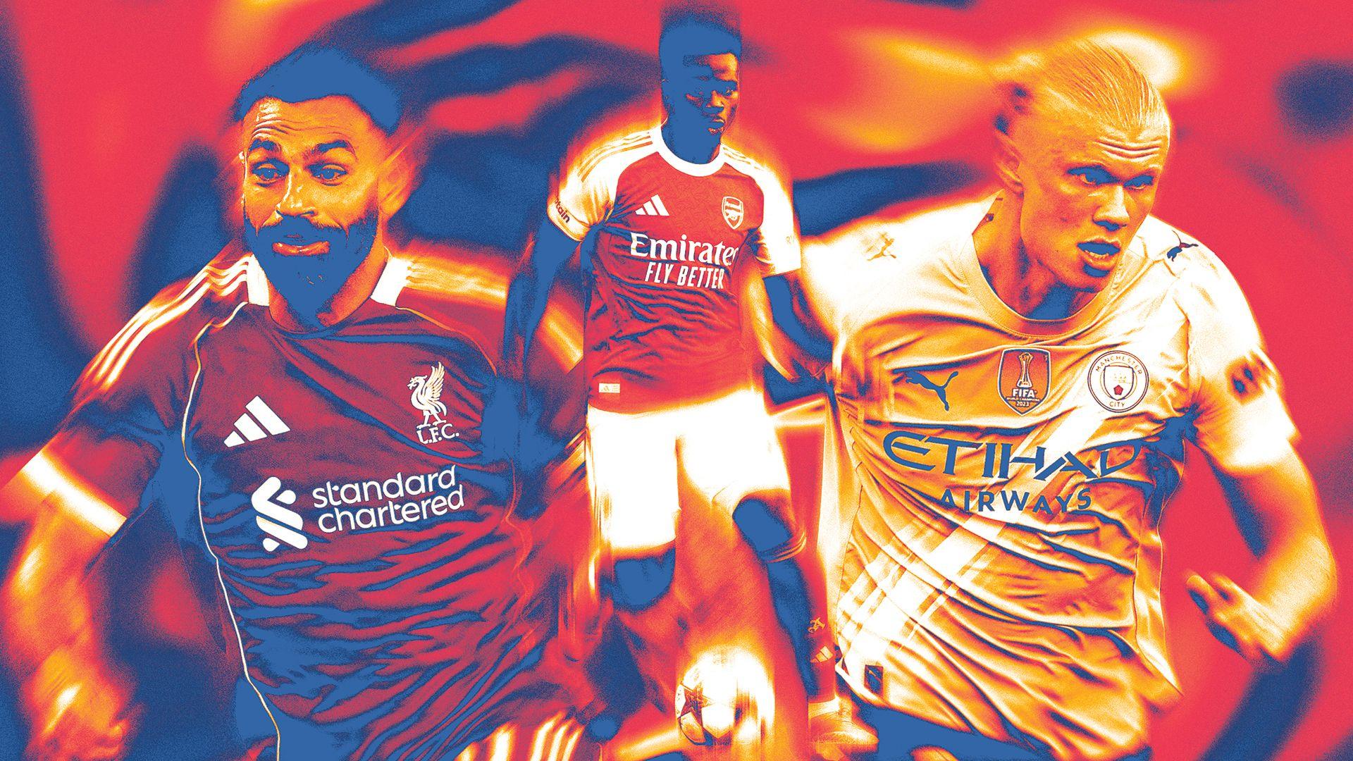 Graphic featuring Mohamed Salah, Bukayo Saka and Erling Haaland