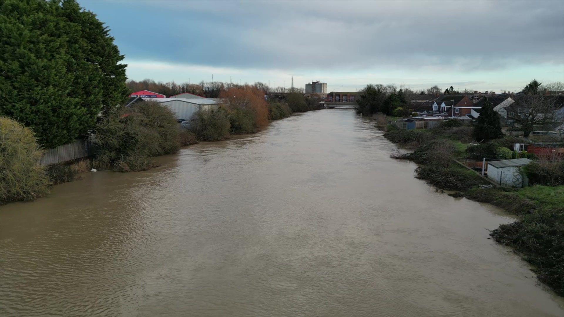 Drone shot of the South Forty Foot Drain taken on Tuesday afternoon. The river level remains high after it overtopped in the early hours.