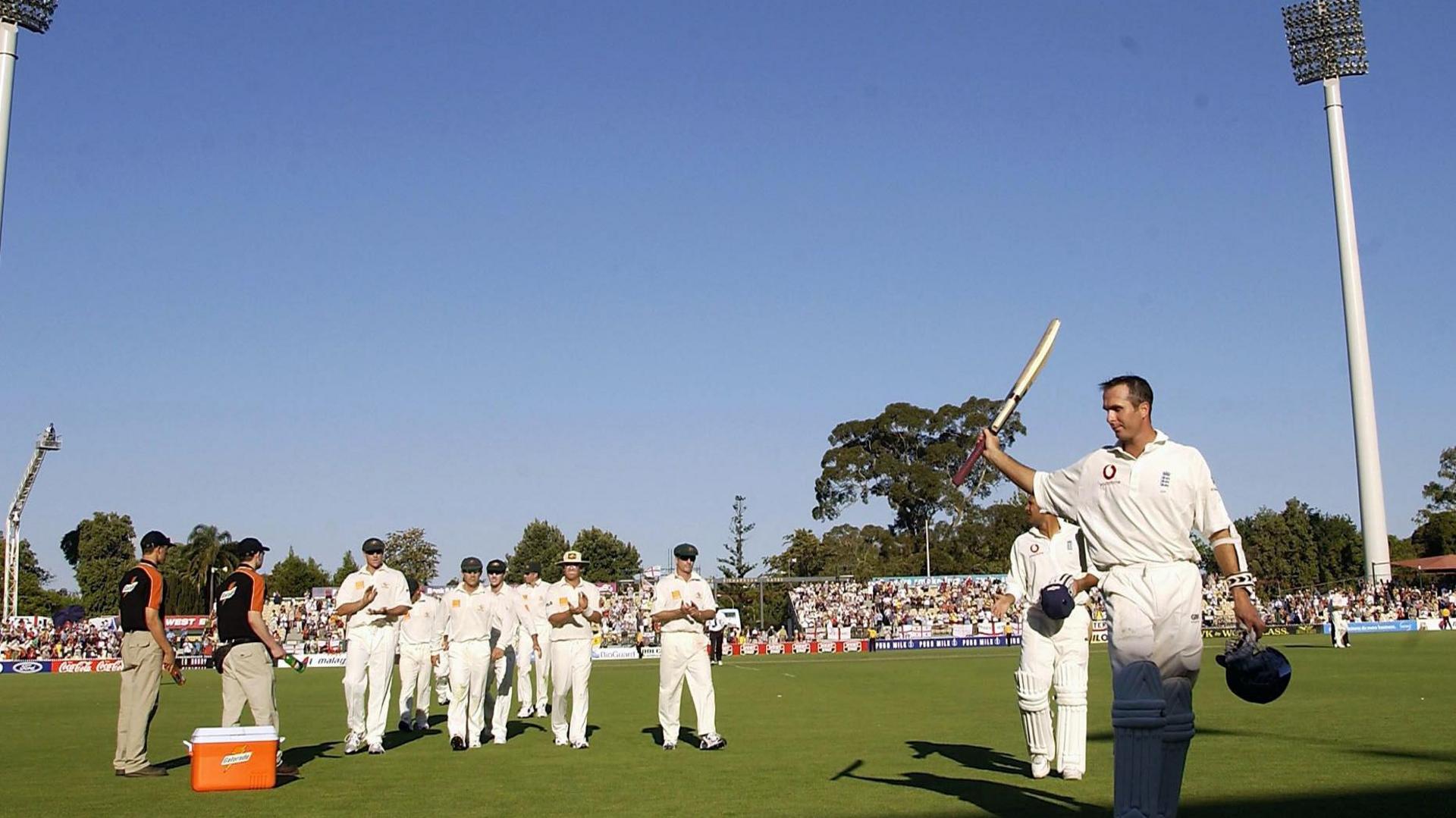 Michael Vaughan celebrates his century in the second Ashes Test in 2002