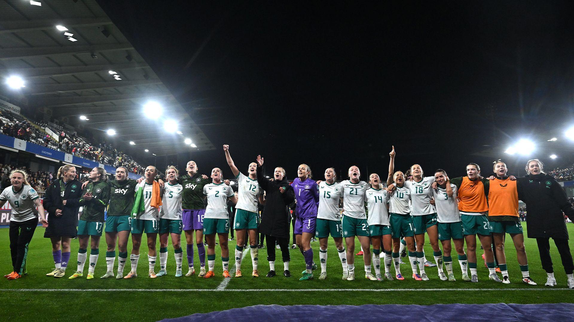The Republic of Ireland celebrate in front of their travelling support
