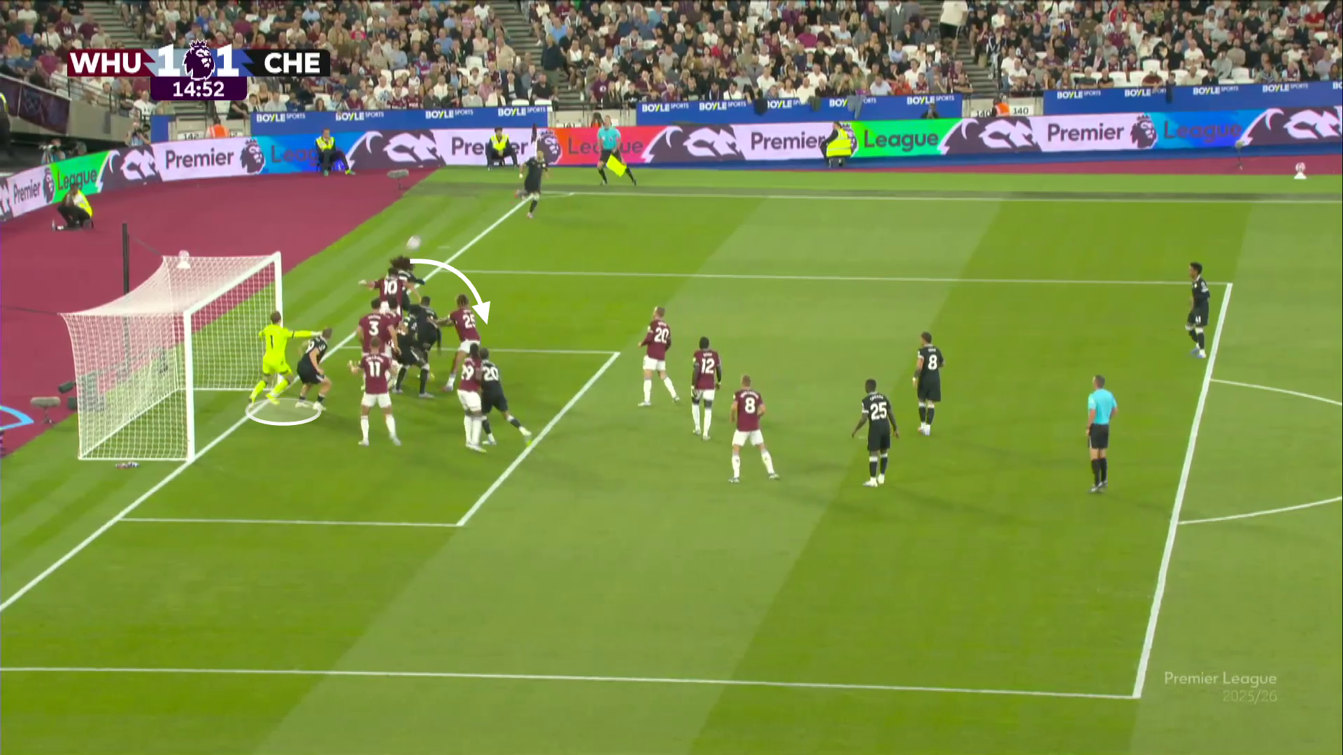 Chelsea's first goal against West Ham this season - with a corner crossed to the near post flicked on by Marc Cucurella as Liam Delap stands in front of West Ham's goalkeeper